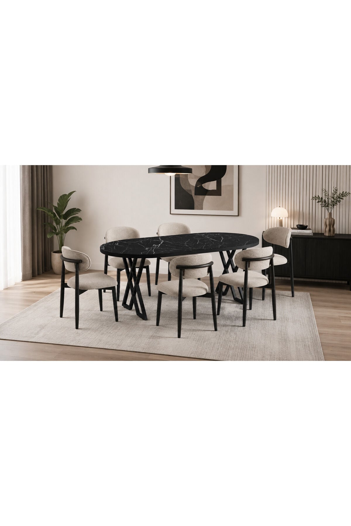 Luna Serisi 80x160 cm 6 Kişilik MDF Oval Yemek Masası Mutfak Masası Takımı X Ayaklı Polo Sandalyeli Siyah Mermer  MDF Masa Siyah Metal Krem Kumaş