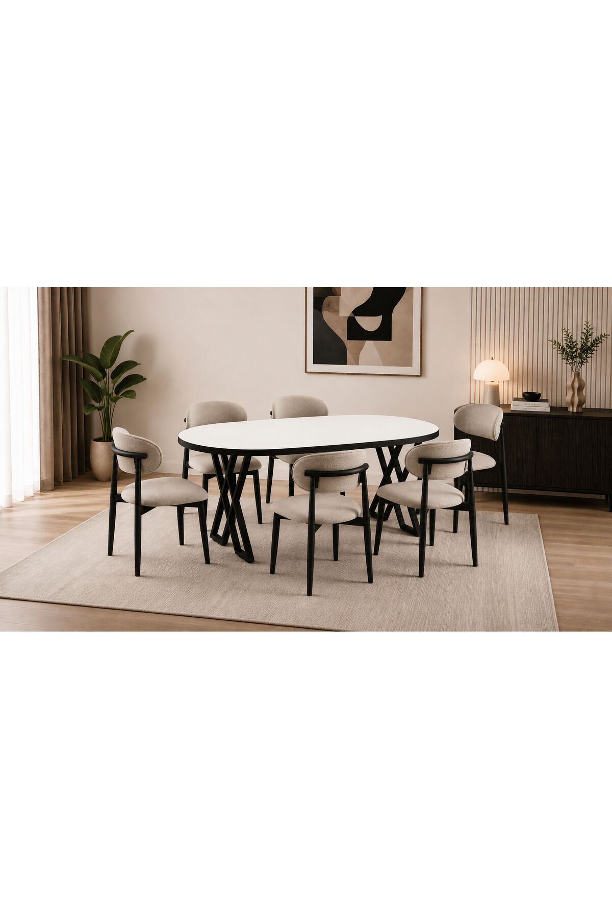 Luna Serisi 80x160 cm 6 Kişilik MDF Oval Yemek Masası Mutfak Masası Takımı X Ayaklı Polo Sandalyeli Beyaz MDF Masa Siyah Metal Krem Kumaş