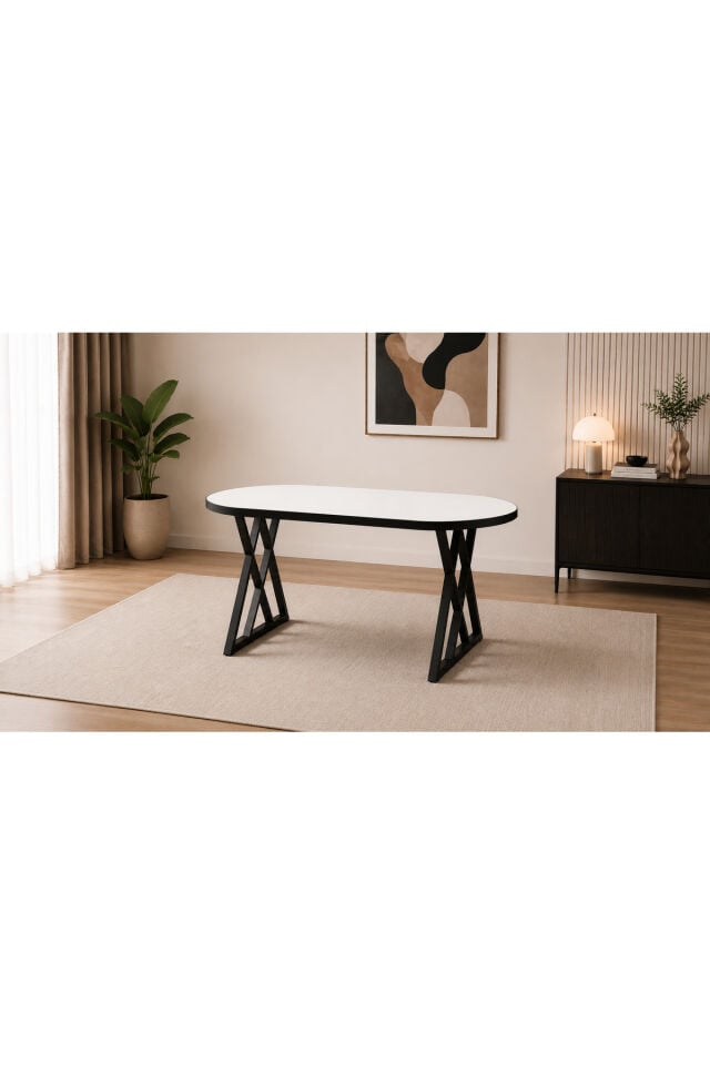 Luna Serisi 80x160 cm 6 Kişilik MDF Oval Yemek Masası Mutfak Masası Takımı X Ayaklı Polo Sandalyeli Beyaz MDF Masa Siyah Metal Krem Kumaş