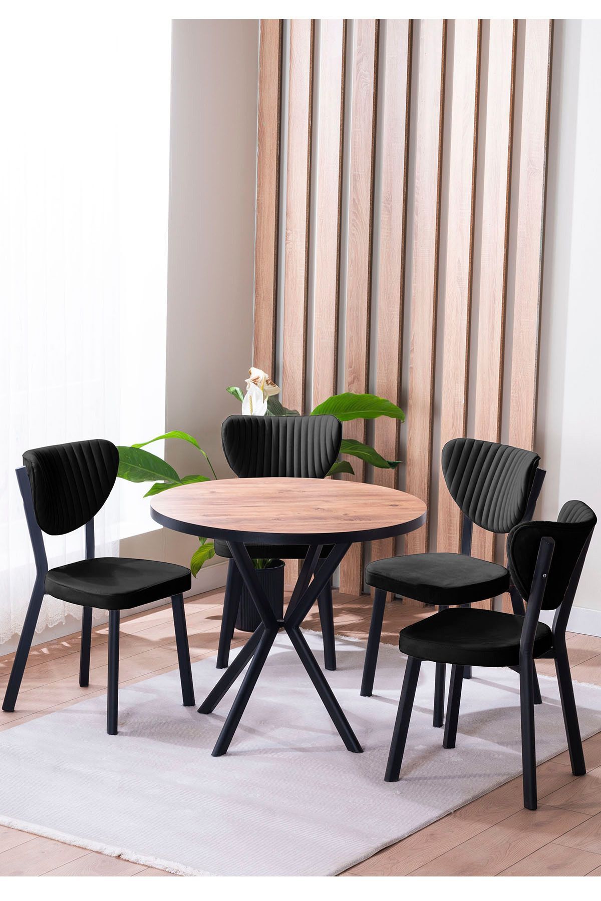 Elma Yuvarlak Ceviz Mutfak Masa Takımı 4 Sandalyeli Salon Yemek Masa Takımı 90x90 cm Siyah - 90X90