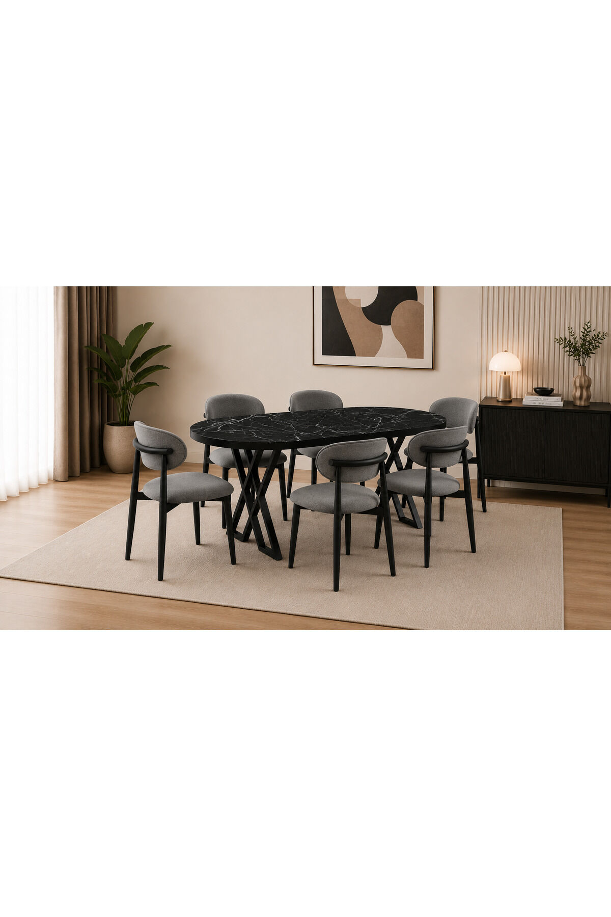 Luna Serisi 80x160 cm 6 Kişilik MDF Oval Yemek Masası Mutfak Masası Takımı X Ayaklı Polo Sandalyeli Siyah Mermer MDF Masa Siyah Metal Antrasit Kumaş