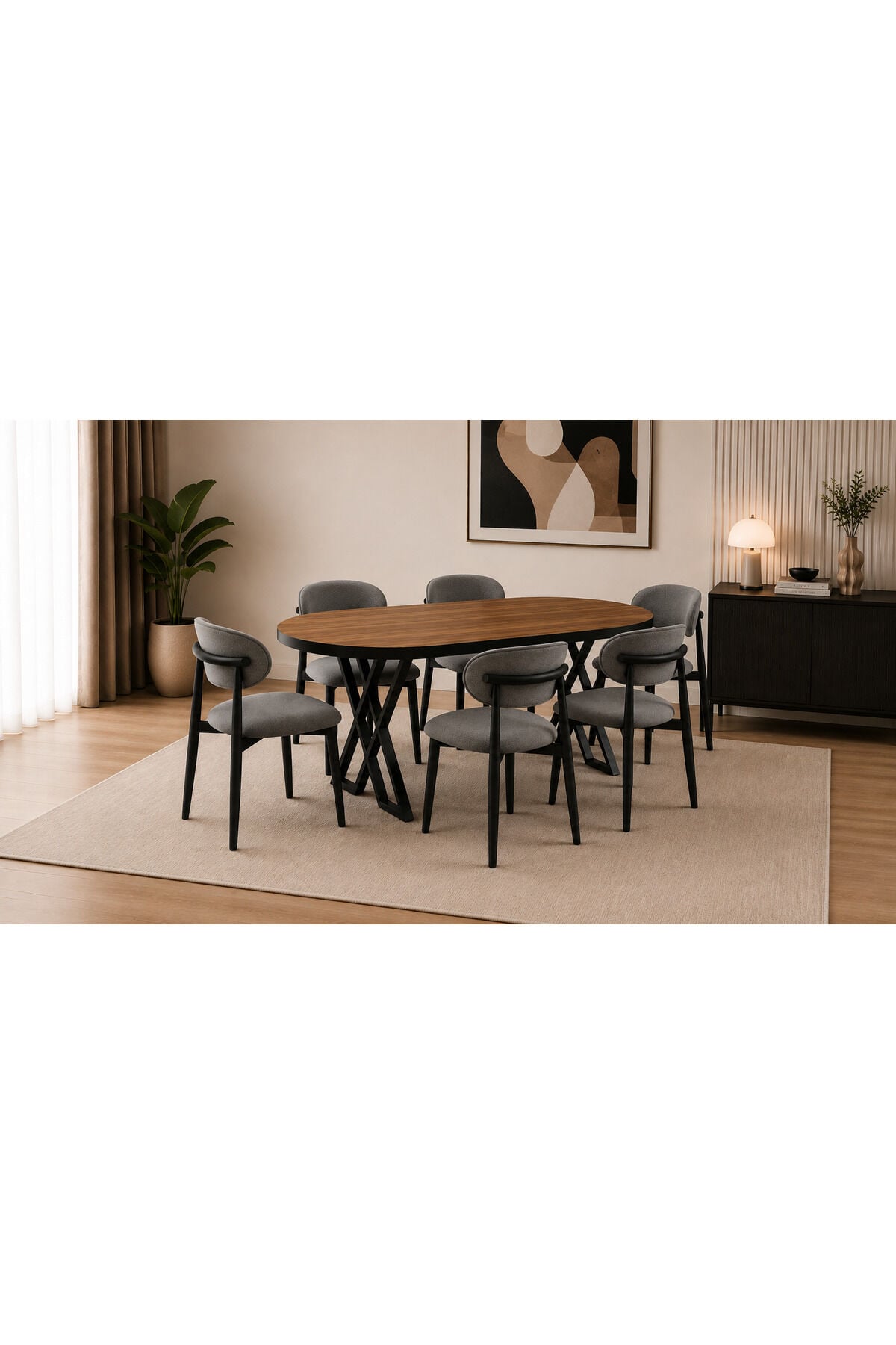 Luna Serisi 80x160 cm 6 Kişilik MDF Oval Yemek Masası Mutfak Masası Takımı X Ayaklı Polo Sandalyeli Ceviz MDF Masa Siyah Metal Antrasit Kumaş