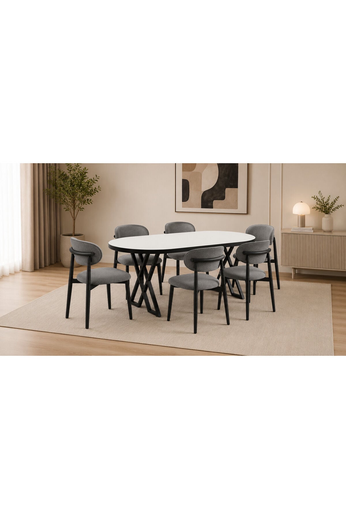 Luna Serisi 80x160 cm 6 Kişilik MDF Oval Yemek Masası Mutfak Masası Takımı X Ayaklı Polo Sandalyeli Beyaz MDF Masa Siyah Metal Antrasit Kumaş