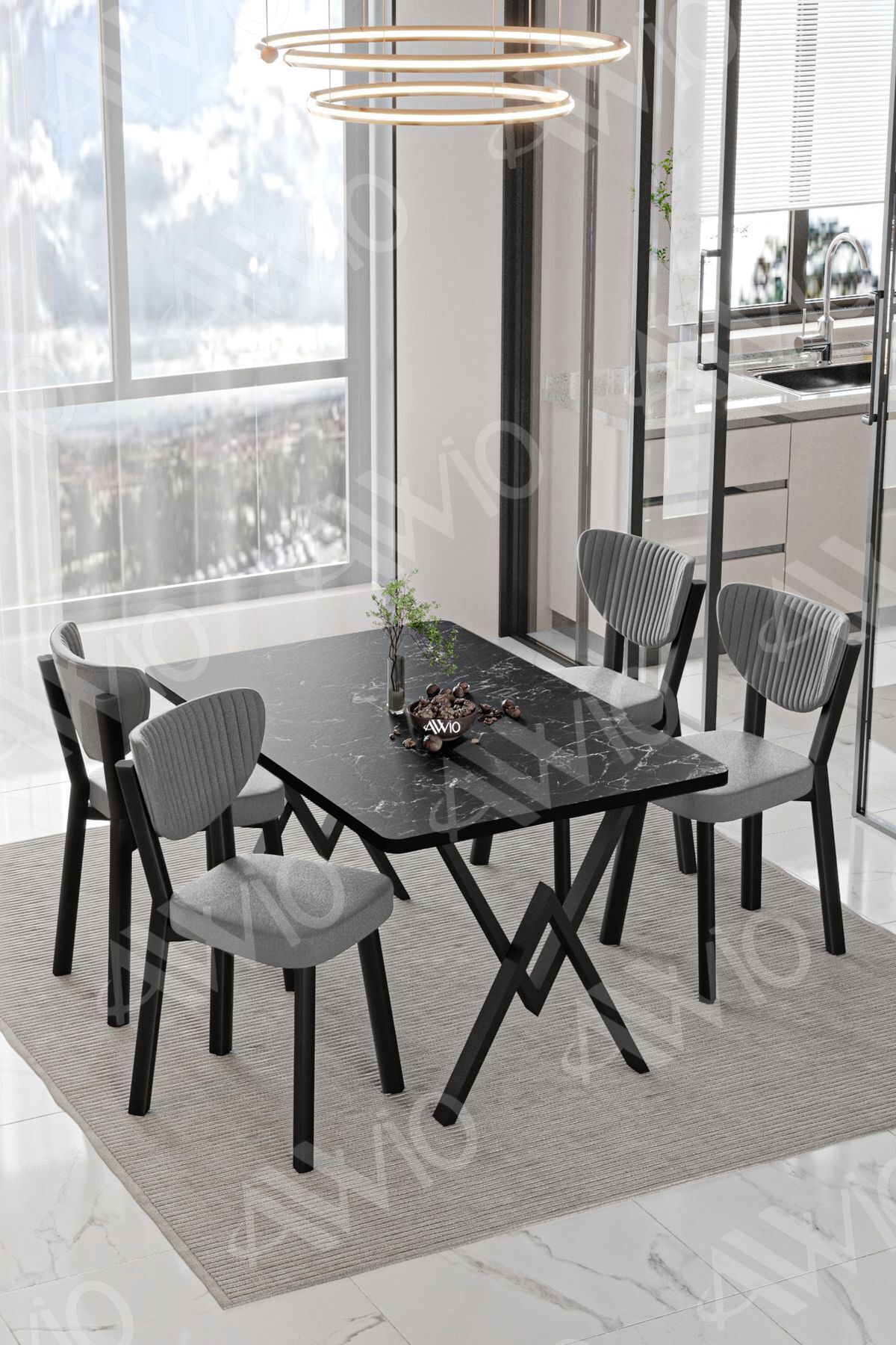 Pedra ELMA Sandalye 80x120 Yemek Masası Mutfak Masası 4 Kişilik Masa Sandalye Takımı SİYAH MERMER - 80X120