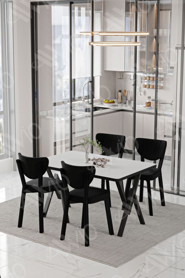 Rubi ELMA Sandalye 80x120 Yemek Masası Mutfak Masası 4 Kişilik Masa Sandalye Takımı BEYAZ - 80X120