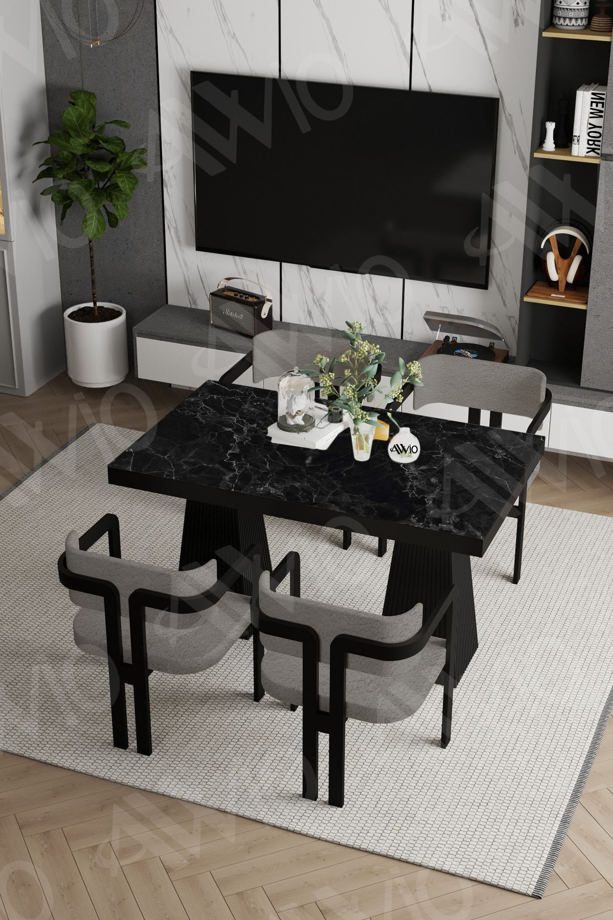Pesca Lake Mdf Ayak Tokyo Demonte Sandalye 80x120 Yemek Masası Mutfak Masası 4 Kişilik SİYAH MERMER - 80X120