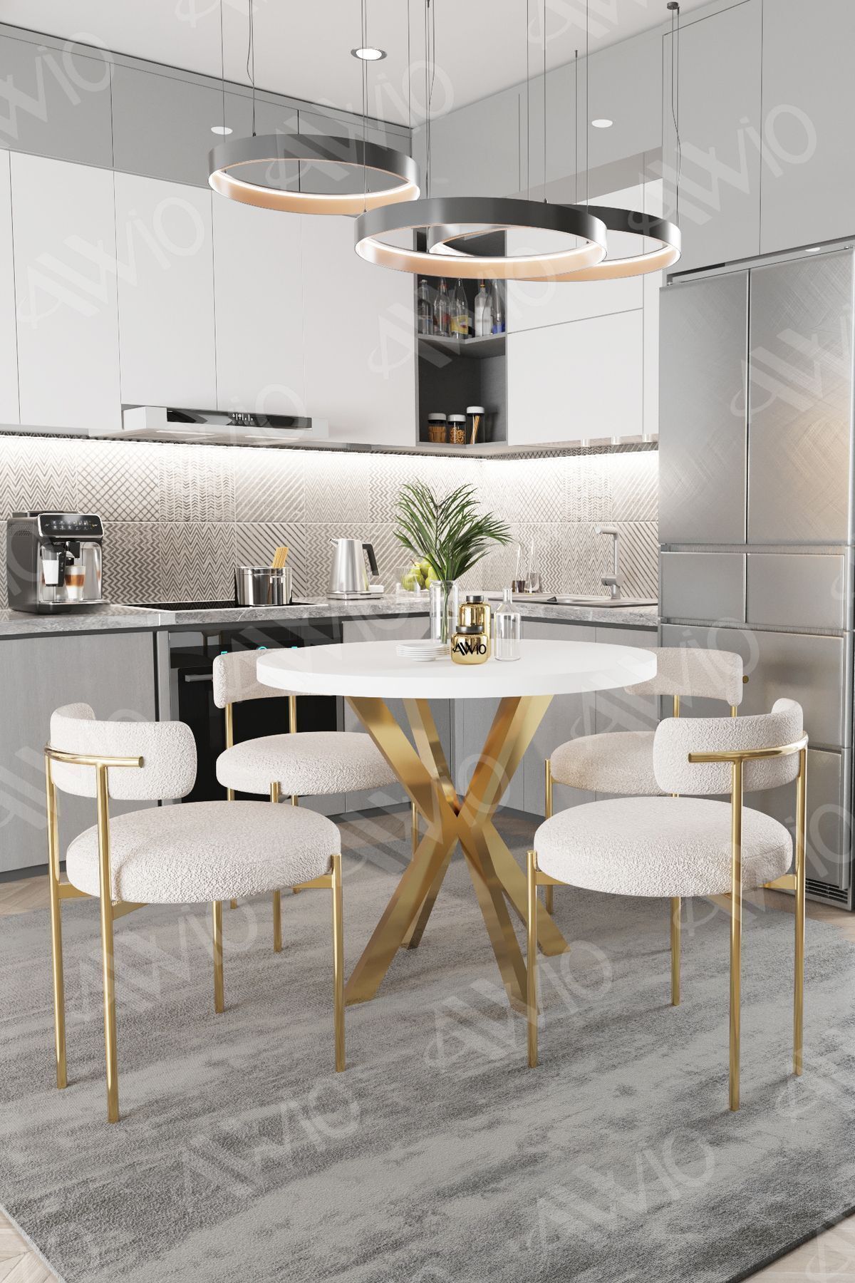 LEA MAT GOLD Ayak 4'lü Teddy Sandalye 90X90 Masa Sandalye Takımı BEYAZ - 90X90