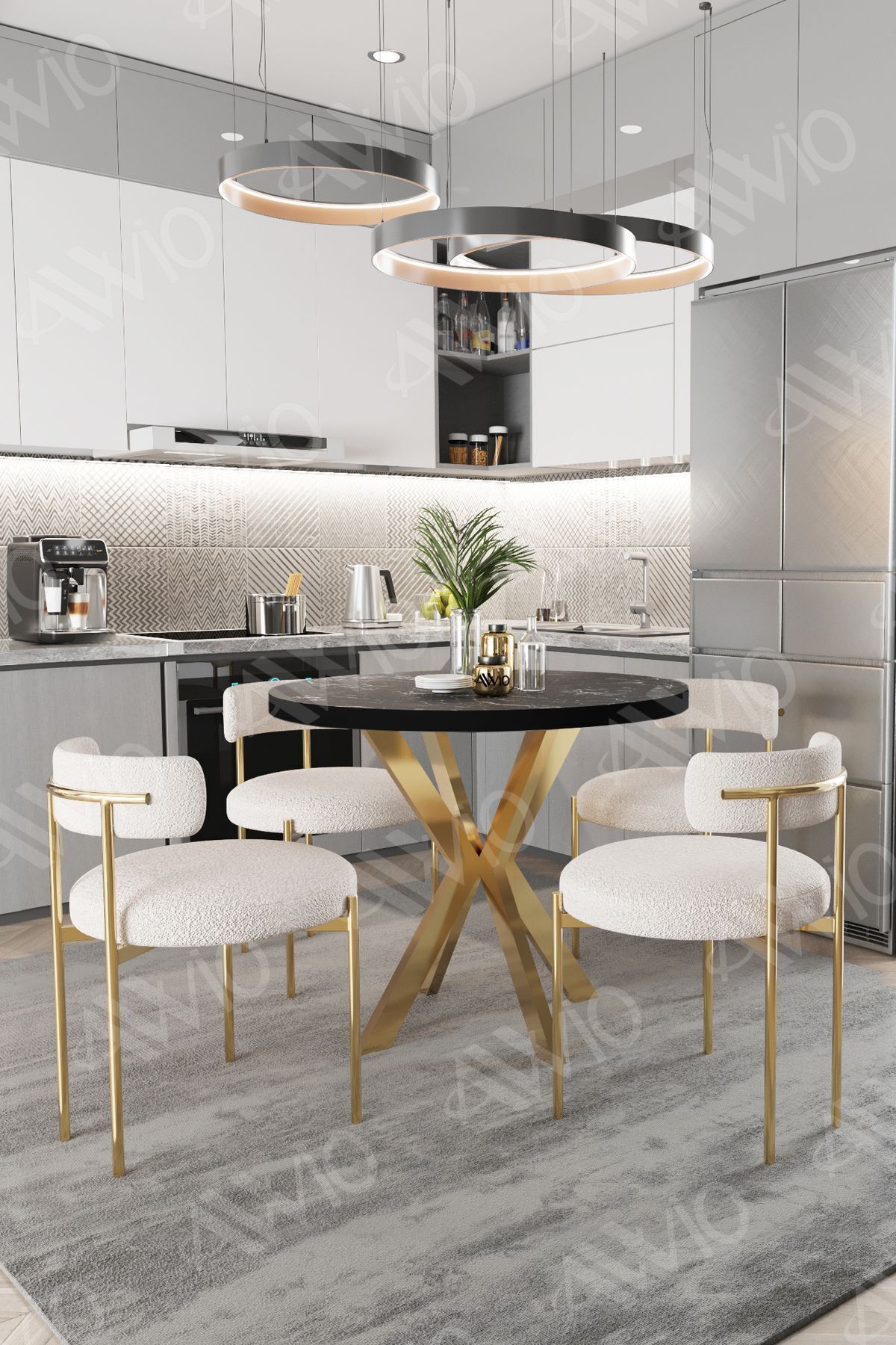 LEA MAT GOLD Ayak 4'lü Teddy Sandalye 90X90 Masa Sandalye Takımı SİYAH MERMER - 90X90