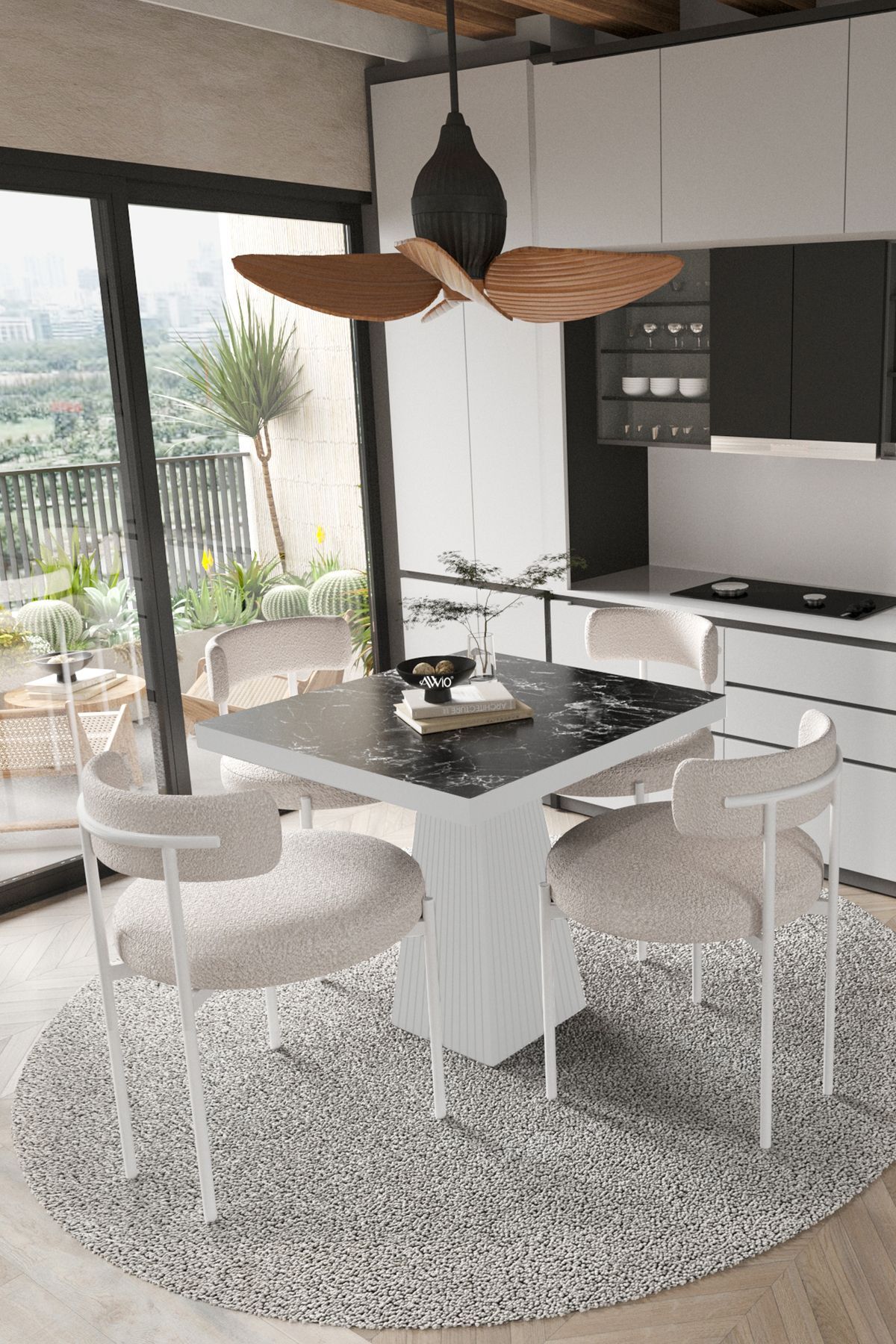 Mayer  Beyaz Lake MDF Ayak  90x90 Yemek Masası Mutfak Masası 4 Kişilik Masa Takımı Teddy Sandalye SİYAH MERMER - 90X90