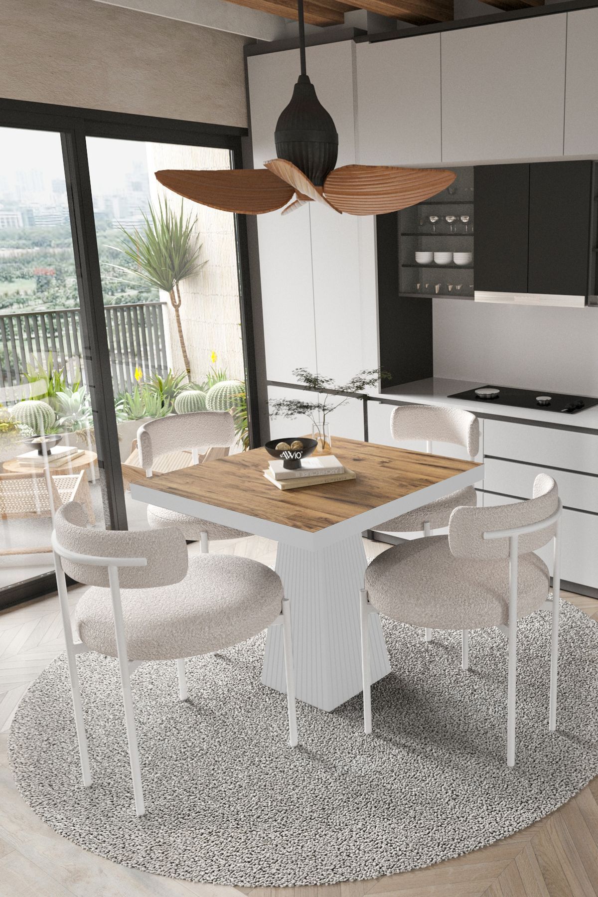 Mayer  Beyaz Lake MDF Ayak  90x90 Yemek Masası Mutfak Masası 4 Kişilik Masa Takımı Teddy Sandalye AKÇA - 90X90