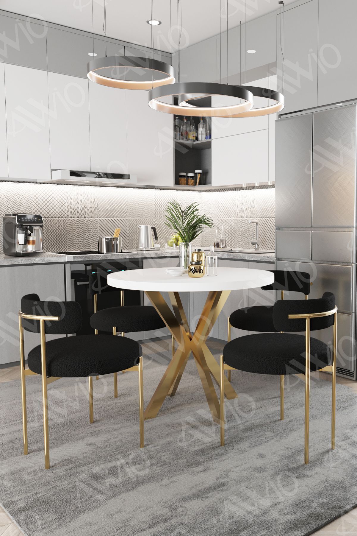 VİOLA MAT GOLD Ayak 4'lü Teddy Sandalye 90X90 Masa Sandalye Takımı BEYAZ - 90X90