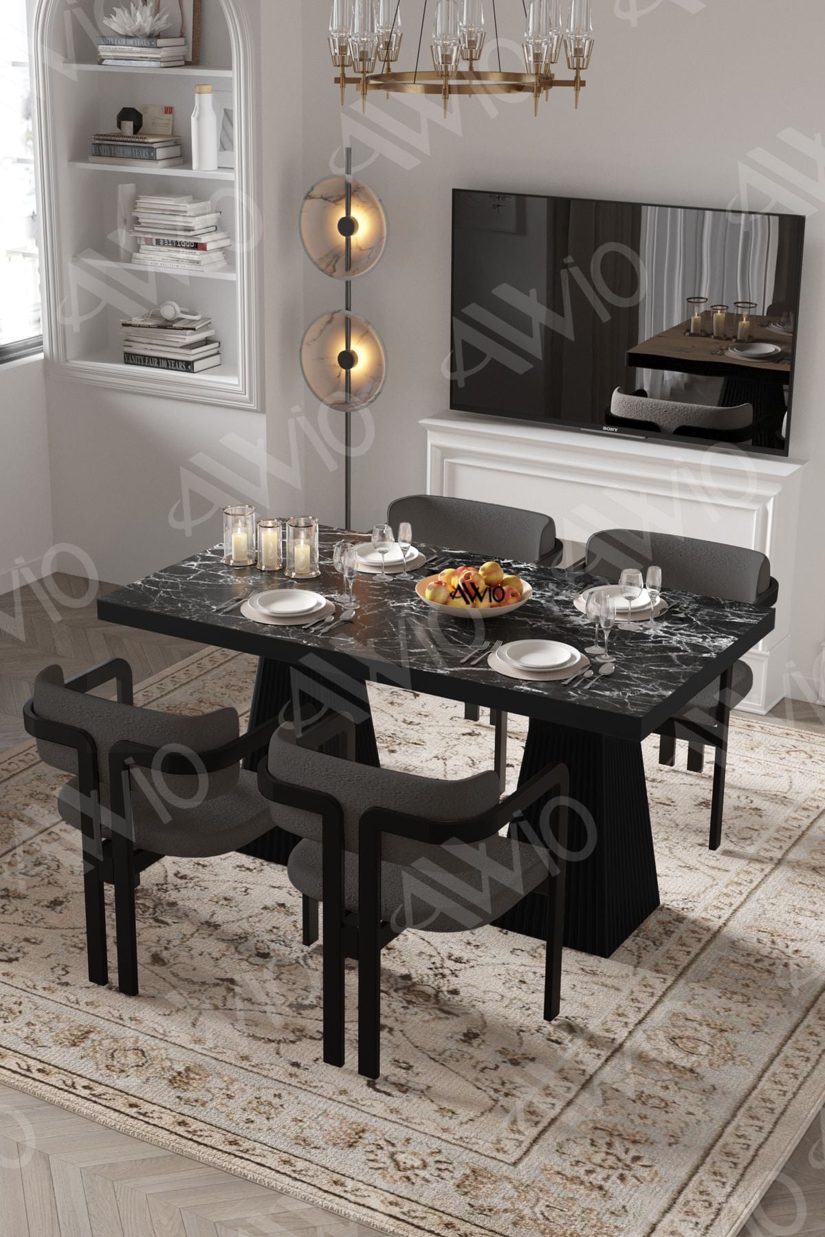 Valery Lake Mdf Ayak Tokyo Demonte Sandalye 80x120 Yemek Masası Mutfak Masası 4 Kişilik SİYAHMERMER - 80X120