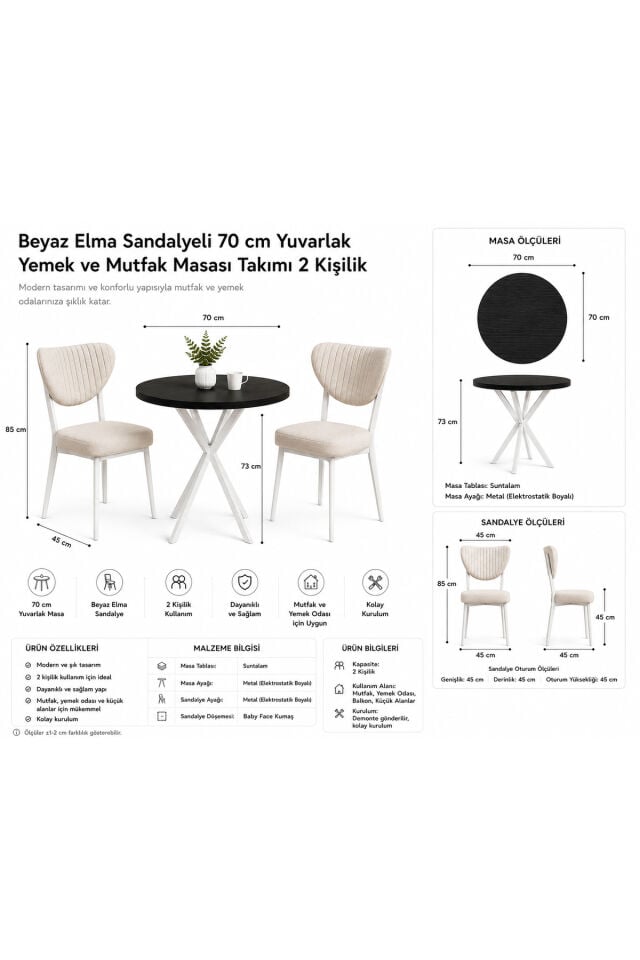 Elora Beyaz Elma Sandalyeli 70x70 Yuvarlak Yemek ve Mutfak Masası Takımı 2 Kişilik Beyaz Masa Beyaz Metal Kumaş Açık Gri