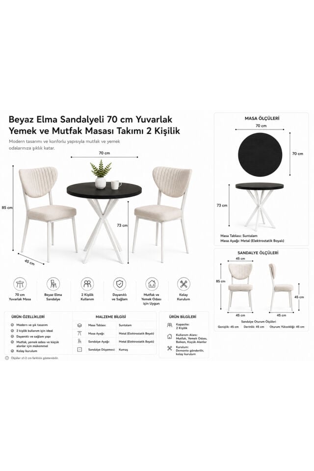 Liva Beyaz Elma Sandalyeli 70x70 Yuvarlak Yemek ve Mutfak Masası Takımı 2 Kişilik Siyah Mermer Masa Masa Beyaz Metal Kumaş Krem