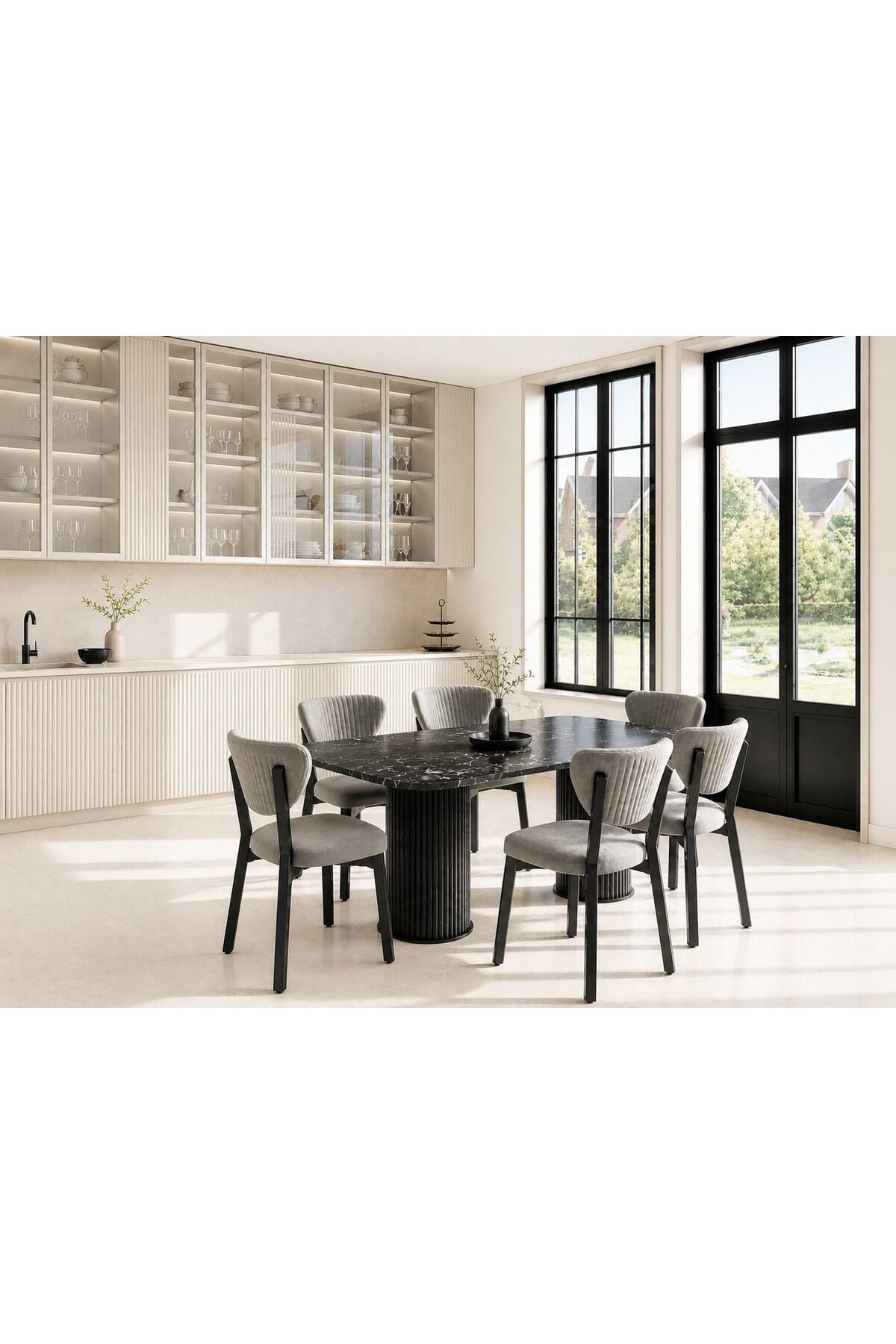 Vento Serisi Bohem Ayak 6'lı Metal Elma Sandalye 80x160 Masa Sandalye Takımı SiyahMermer Masa SiyahMetal Sandalye Kumaş Açıkgri - 80X160