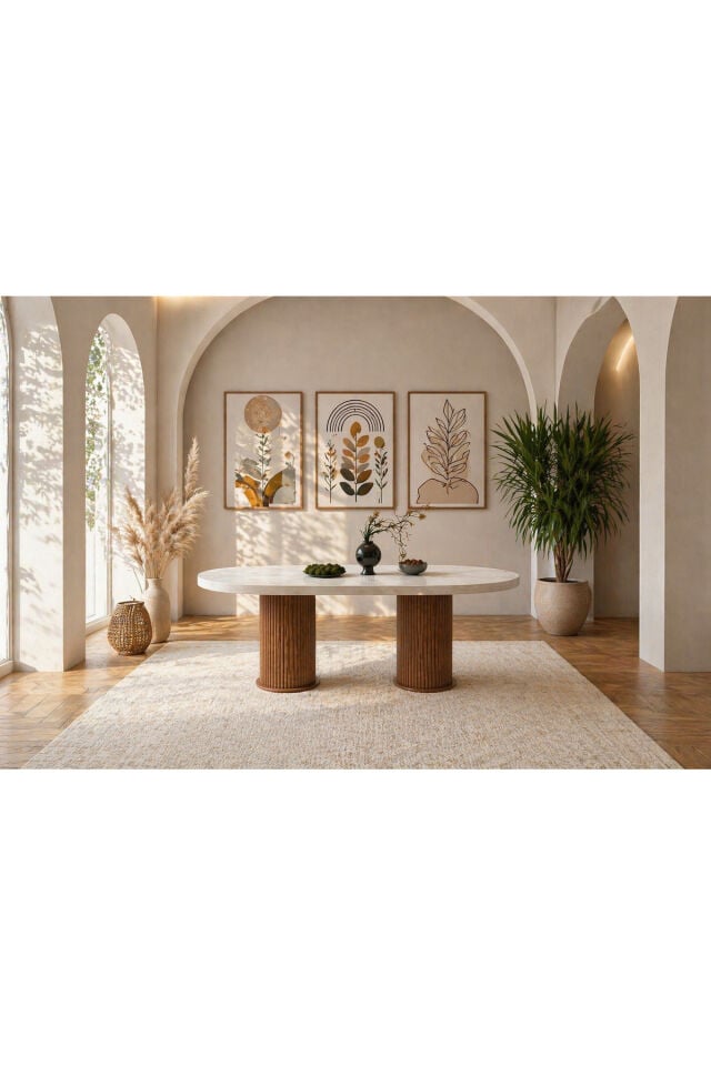 NOA Bohem Ayak Oval Yemek Masası 80x140 Mutfak Masası Beyaz Masa Ceviz Bohem Ayak 80x140 - 80X140