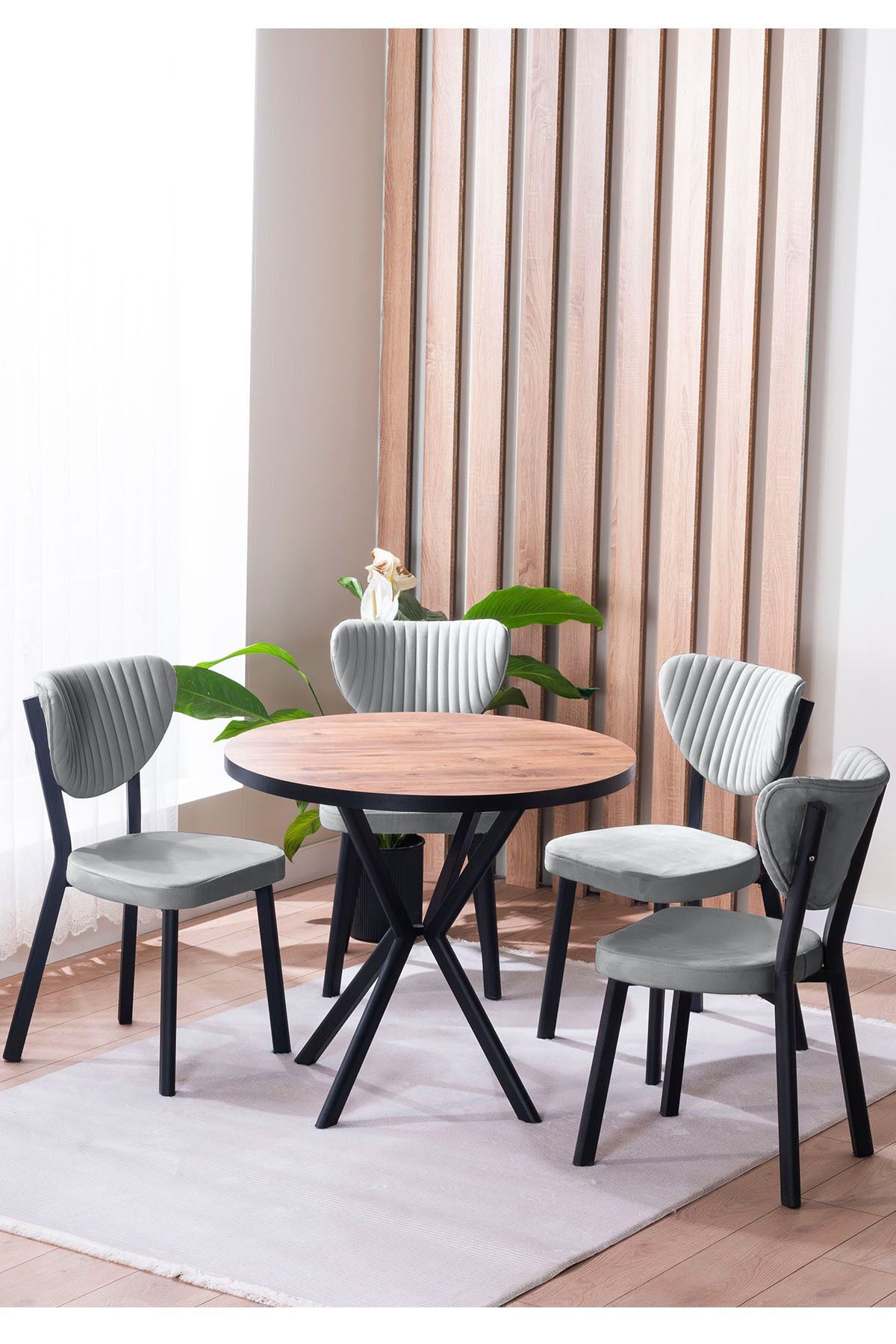 Elma Yuvarlak Ceviz Mutfak Masa Takımı 4 Sandalyeli Salon Yemek Masa Takımı 90x90 cm Gri - 90X90