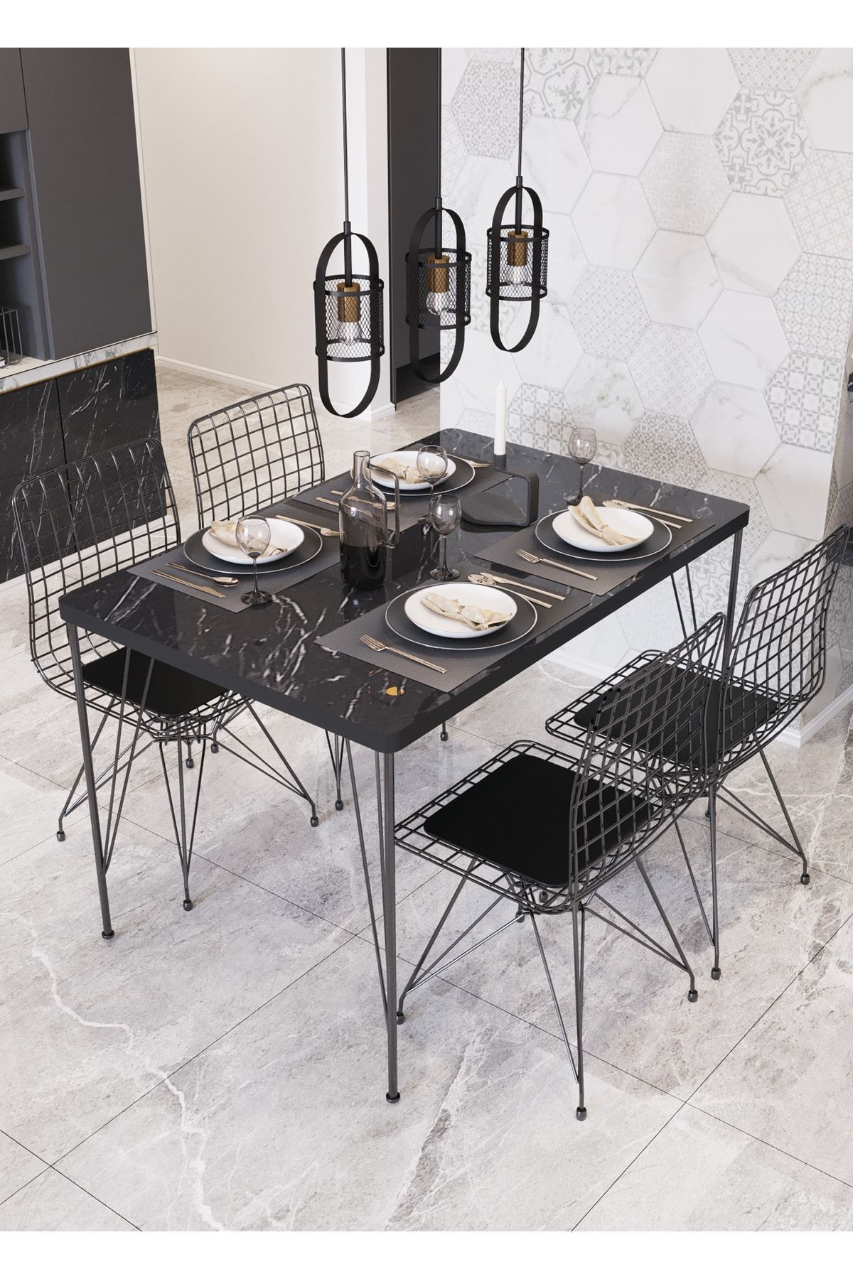 70x110 Sude 4 Kişilik Yemek Masası Takımı-mutfak Masası Takımı SİYAH MERMER - 70X110