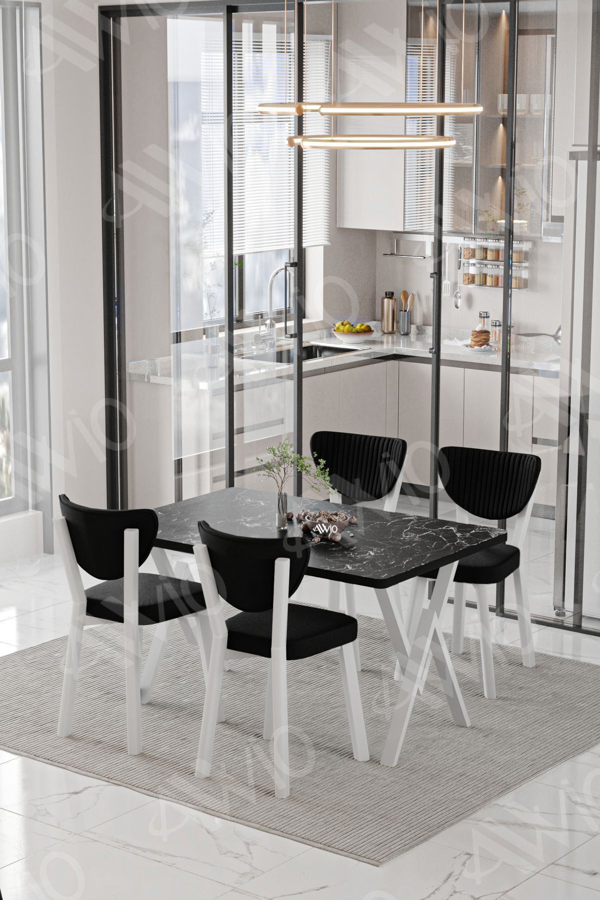 Senta Beyaz Elma Sandalye 80x120 Yemek Masası Mutfak Masası 4 Kişilik Masa Sandalye Takımı SİYAH MERMER - 80X120
