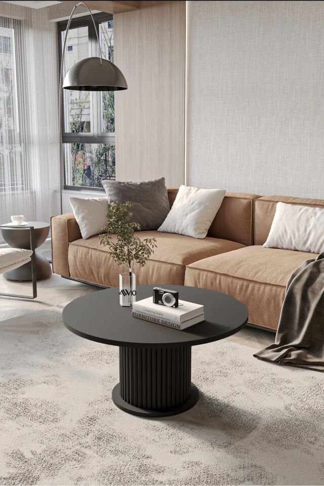 Woven Lake MDF AYAK  Modern Yuvarlak Orta Sehpa 70 CM SİYAH MERMER - 70X70