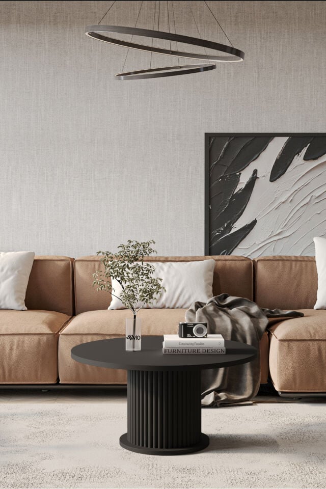 Woven Lake MDF AYAK  Modern Yuvarlak Orta Sehpa 70 CM SİYAH MERMER - 70X70