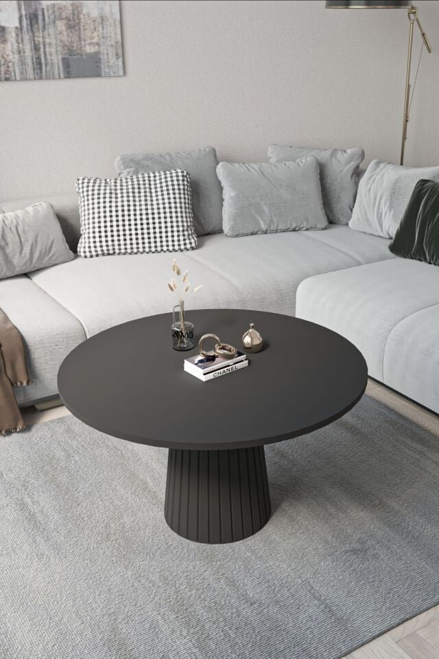 Woven Lake MDF AYAK  Modern Yuvarlak Orta Sehpa 70 CM SİYAH MERMER - 70X70