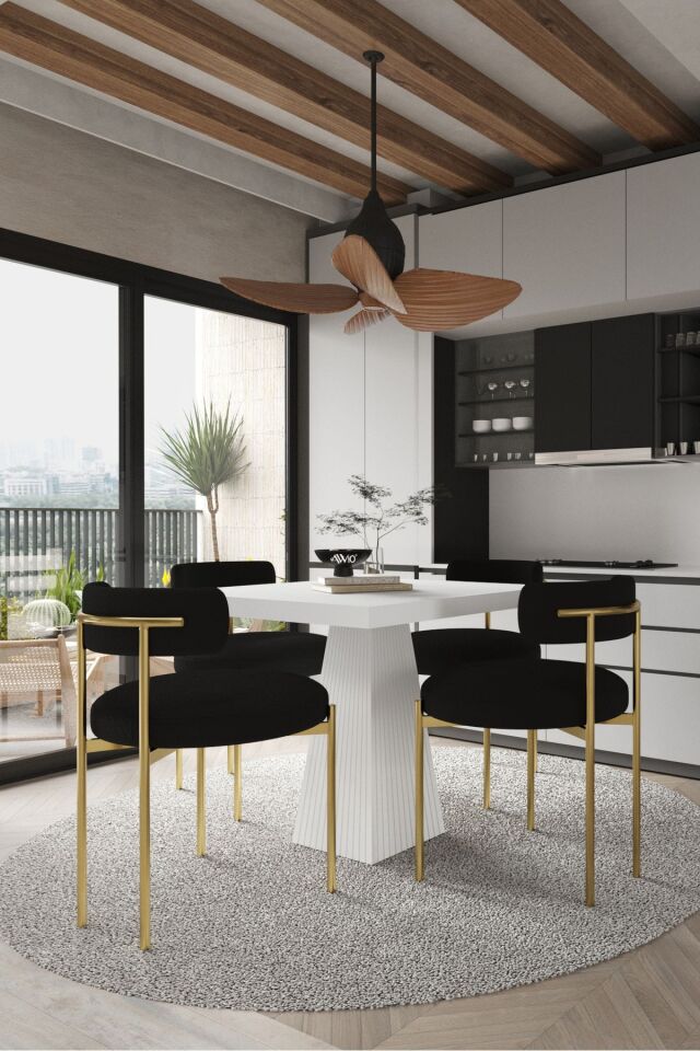 ARONA  Beyaz Lake MDF Ayak  90x90 Yemek Masası Mutfak Masası 4 Kişilik Masa Takımı Teddy Sandalye BEYAZ - 90X90