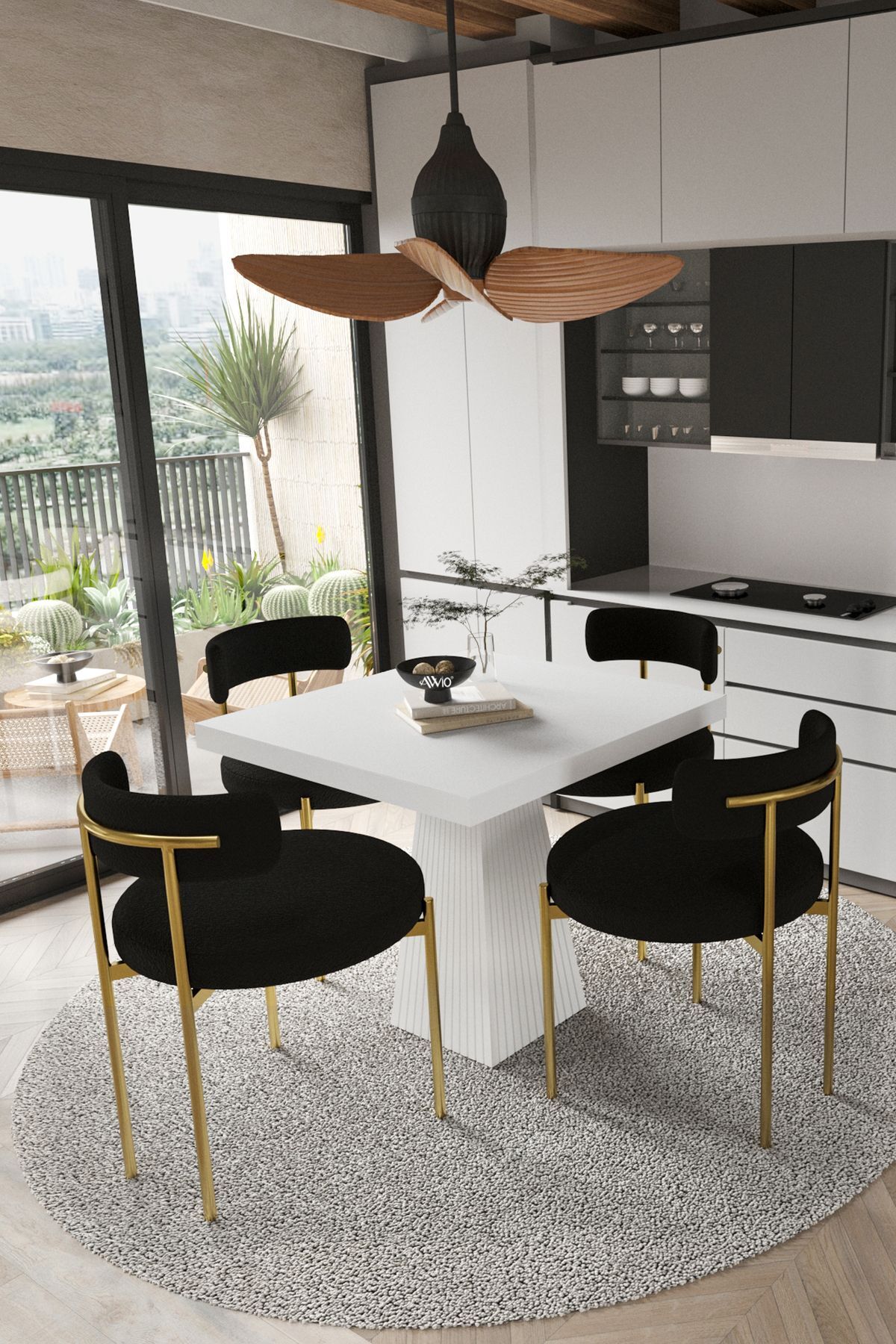 ARONA  Beyaz Lake MDF Ayak  90x90 Yemek Masası Mutfak Masası 4 Kişilik Masa Takımı Teddy Sandalye BEYAZ - 90X90