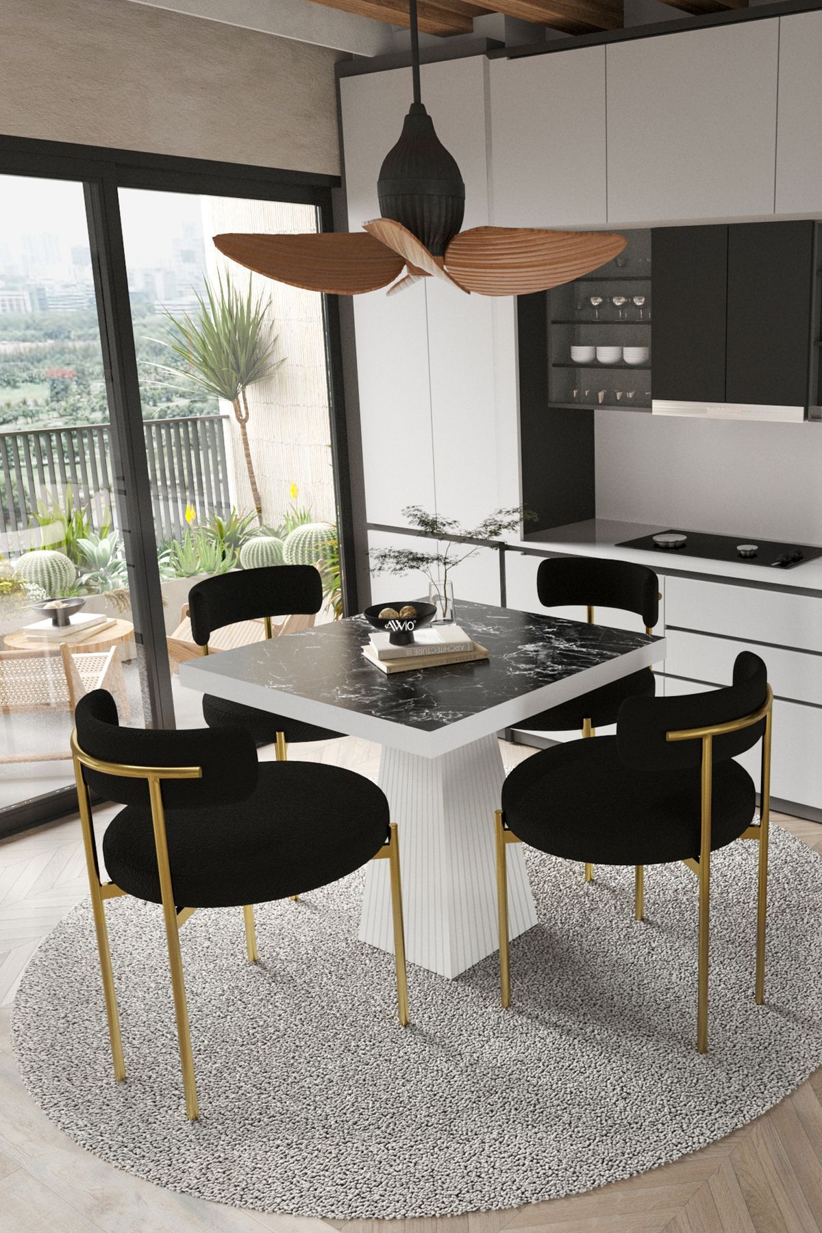 ARONA  Beyaz Lake MDF Ayak  90x90 Yemek Masası Mutfak Masası 4 Kişilik Masa Takımı Teddy Sandalye SİYAH MERMER - 90X90