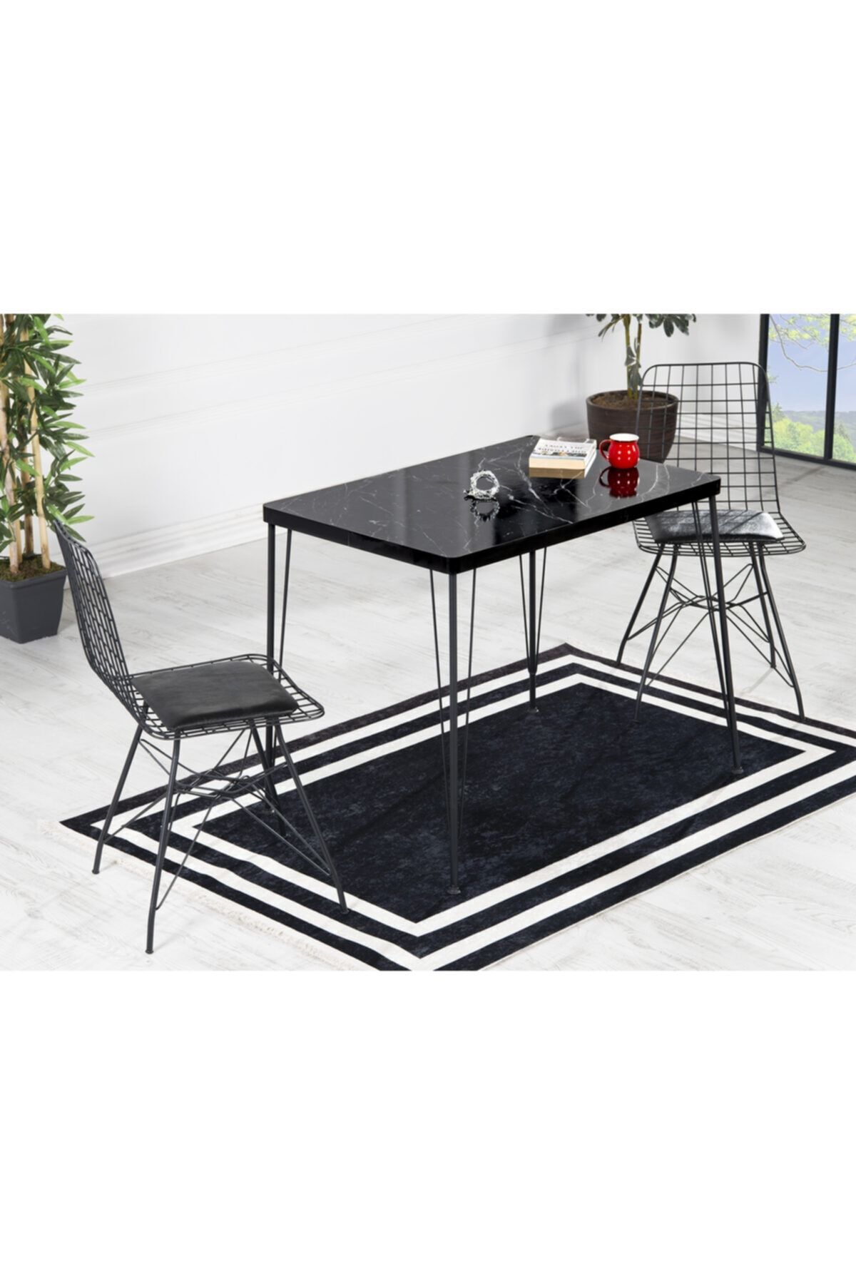 Valentin 2 Kişilik Yemek Masası Takımı-mutfak Masası Takımı- Ceviz 70x110 Oval Kenar SİYAH MERMER - 60X90