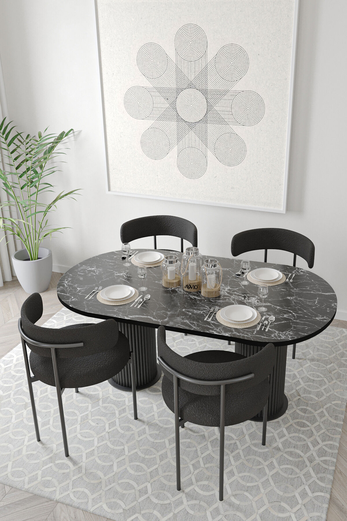 Miranda Bohem Lake Mdf Ayak 80x140 Yemek Masası Mutfak Masası Masa Sandalye Takımı SİYAH MERMER - 80X140