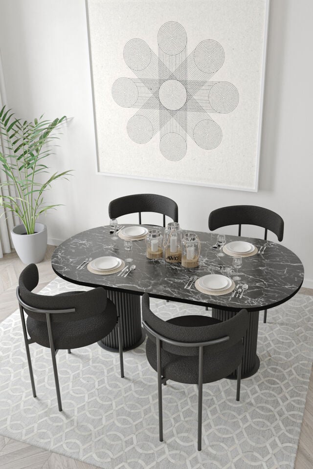 Miranda Bohem Lake Mdf Ayak 80x140 Yemek Masası Mutfak Masası Masa Sandalye Takımı SİYAH MERMER - 80X140