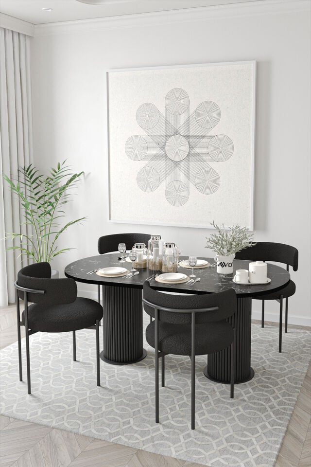 Miranda Bohem Lake Mdf Ayak 80x140 Yemek Masası Mutfak Masası Masa Sandalye Takımı SİYAH MERMER - 80X140