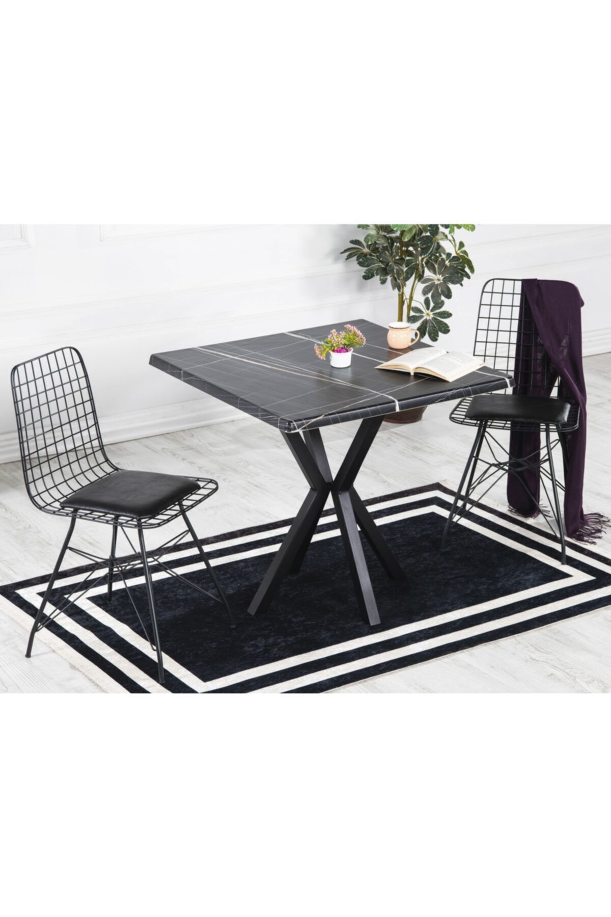 Mia 2 Kişilik 80x80 Yemek Masası Takımı-mutfak Masası Takımı Kahve SİYAH MERMER - 80X80