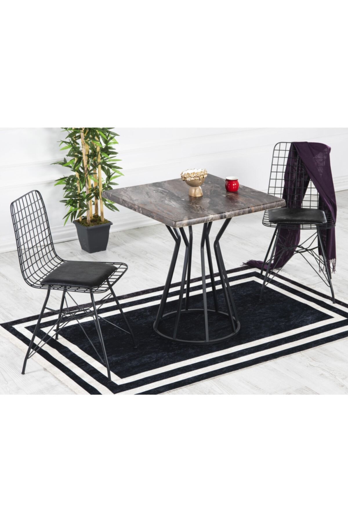 Ada 2 Kişilik 80x80 Yemek Masası Takımı-mutfak Masası Takımı Siyah Mermer GRİ - 80X80