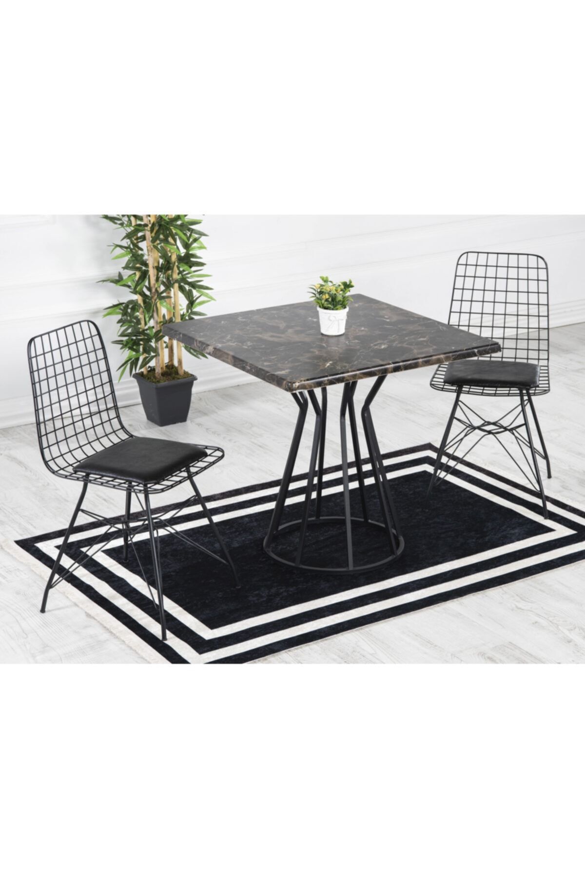 Ada 2 Kişilik 80x80 Yemek Masası Takımı-mutfak Masası Takımı Siyah Mermer KAHVE - 80X80