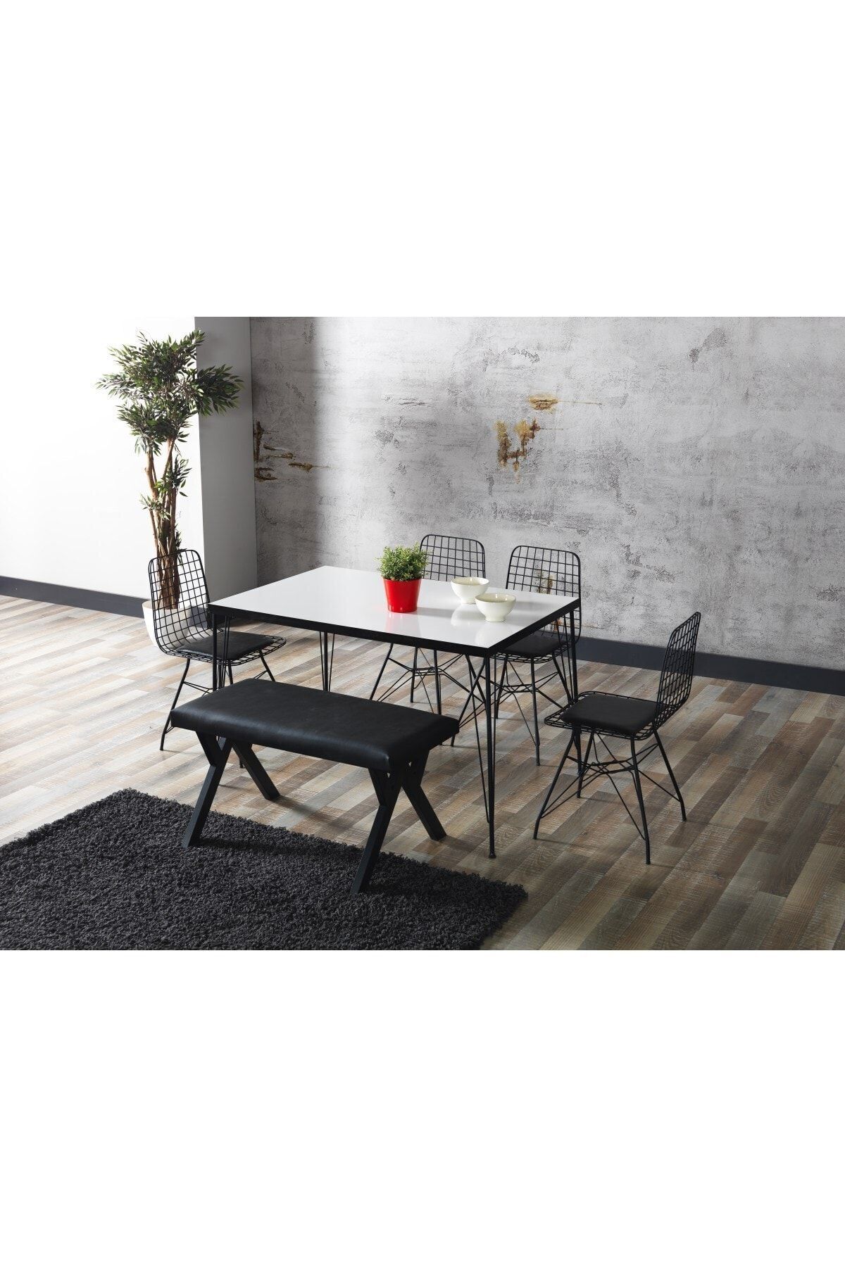 Avvio 80x120 Home Bade Beyaz Görünümlü Metal Ayaklı Mutfak Masası Ve Bench Takımı BEYAZ - 80X120