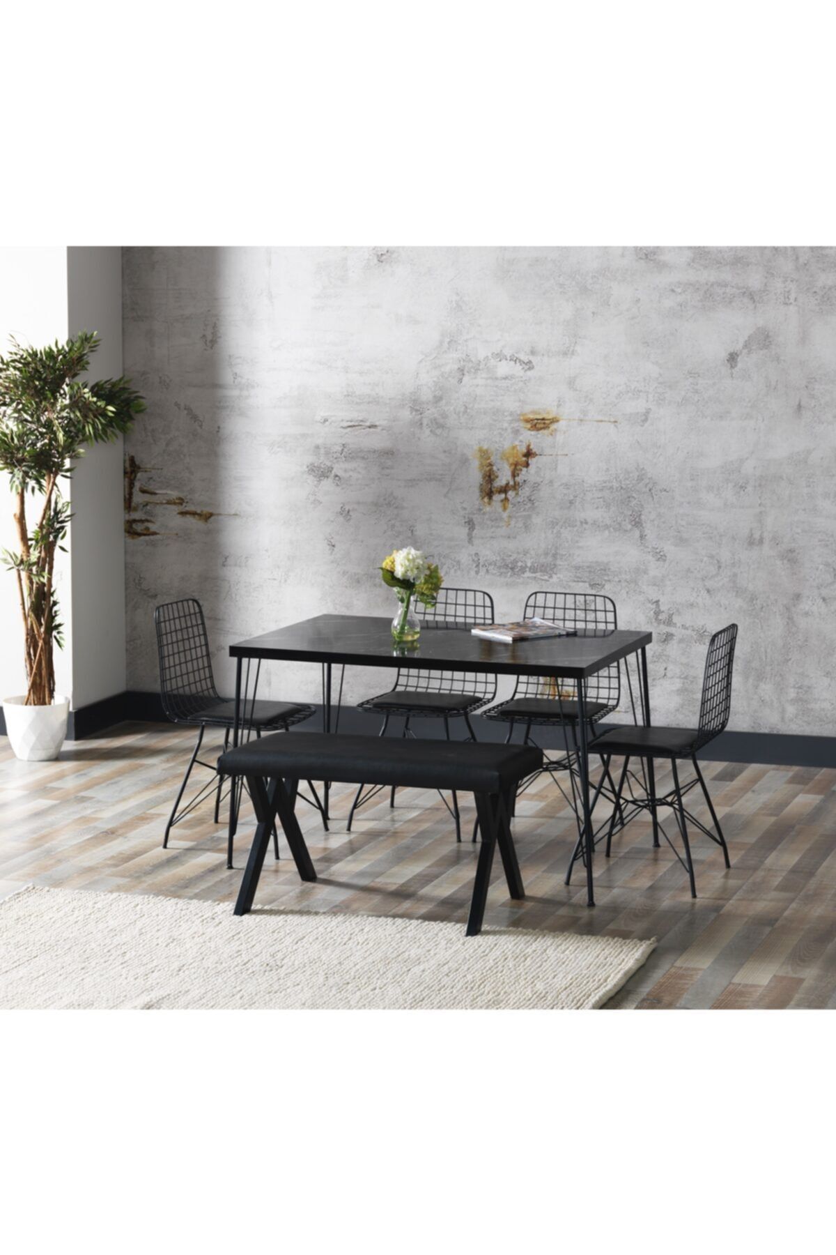 Avvio 80x120 Mira Siyah Mermer Görünümlü Metal Ayaklı Mutfak Masası Ve Bench Takımı SİYAH - 80X120