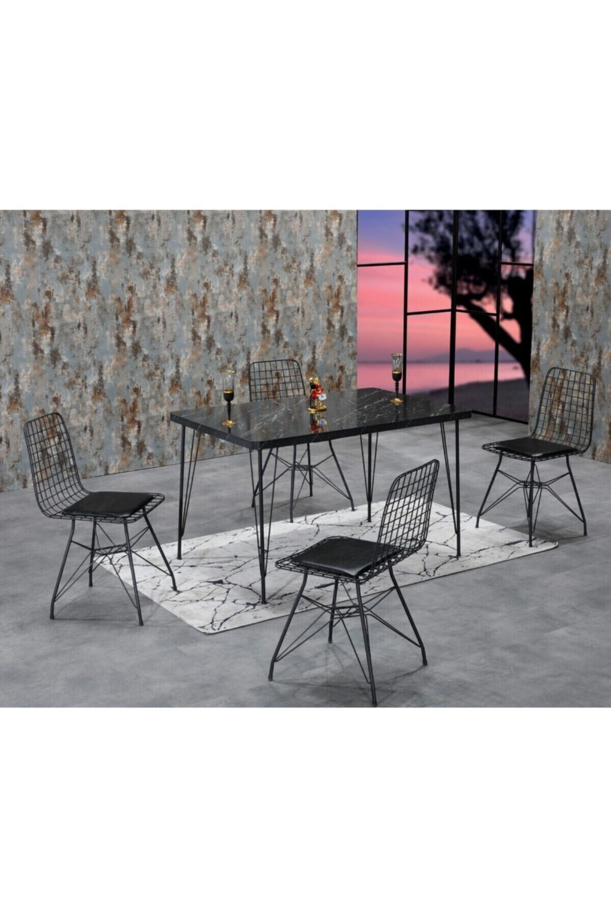 Avvio Rozalin 4 Kişilik Siyah Mermer Görünümlü Metal Mutfak Masası Takımı-siyah Tel Sandalyeli 80x120 Cm Siyah - 80X120