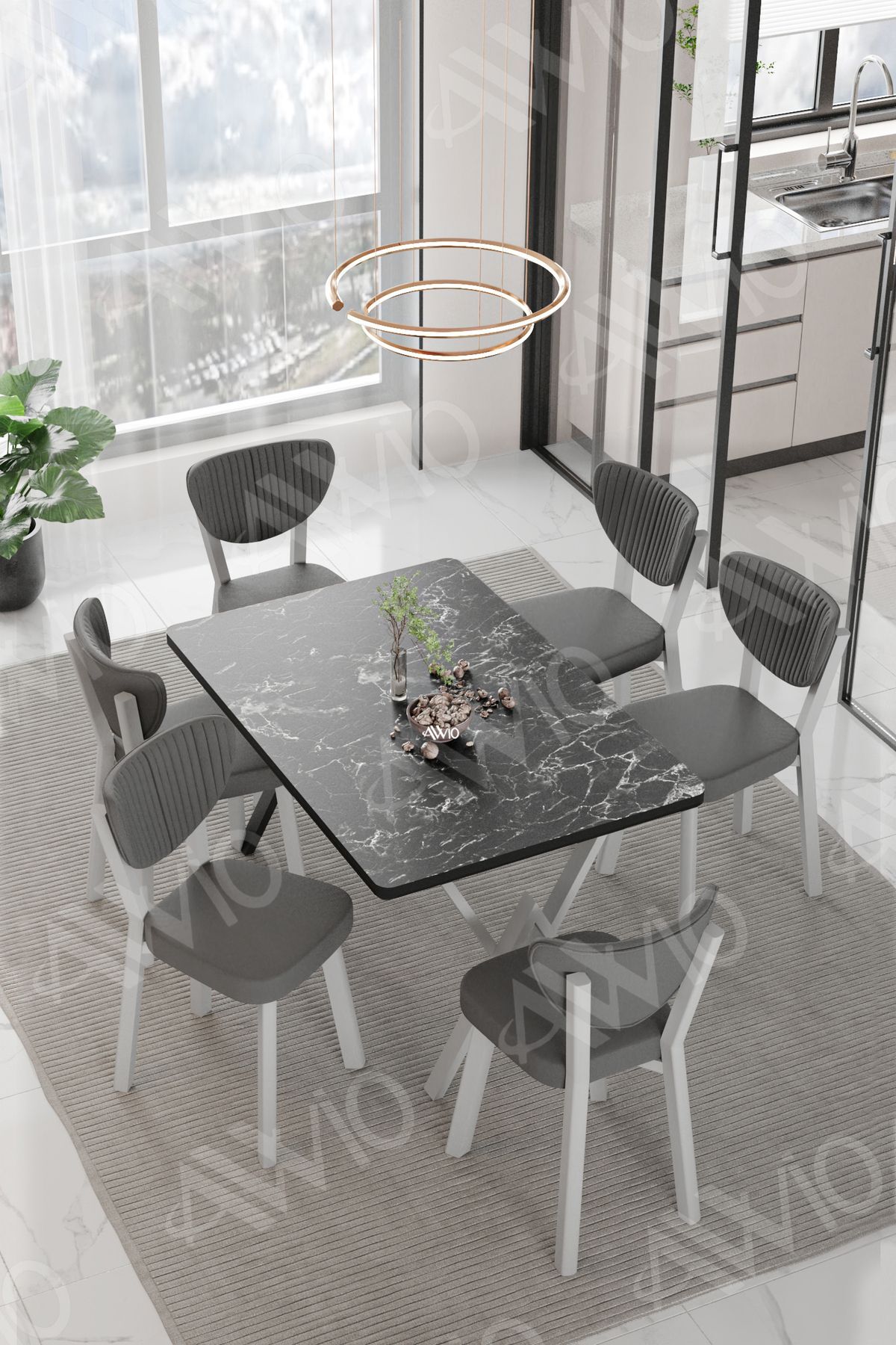ALİZE ELMA Sandalye 80x140 Yemek Masası Mutfak Masası 6 Kişilik Masa Sandalye Takım SİYAH MERMER - 80X140