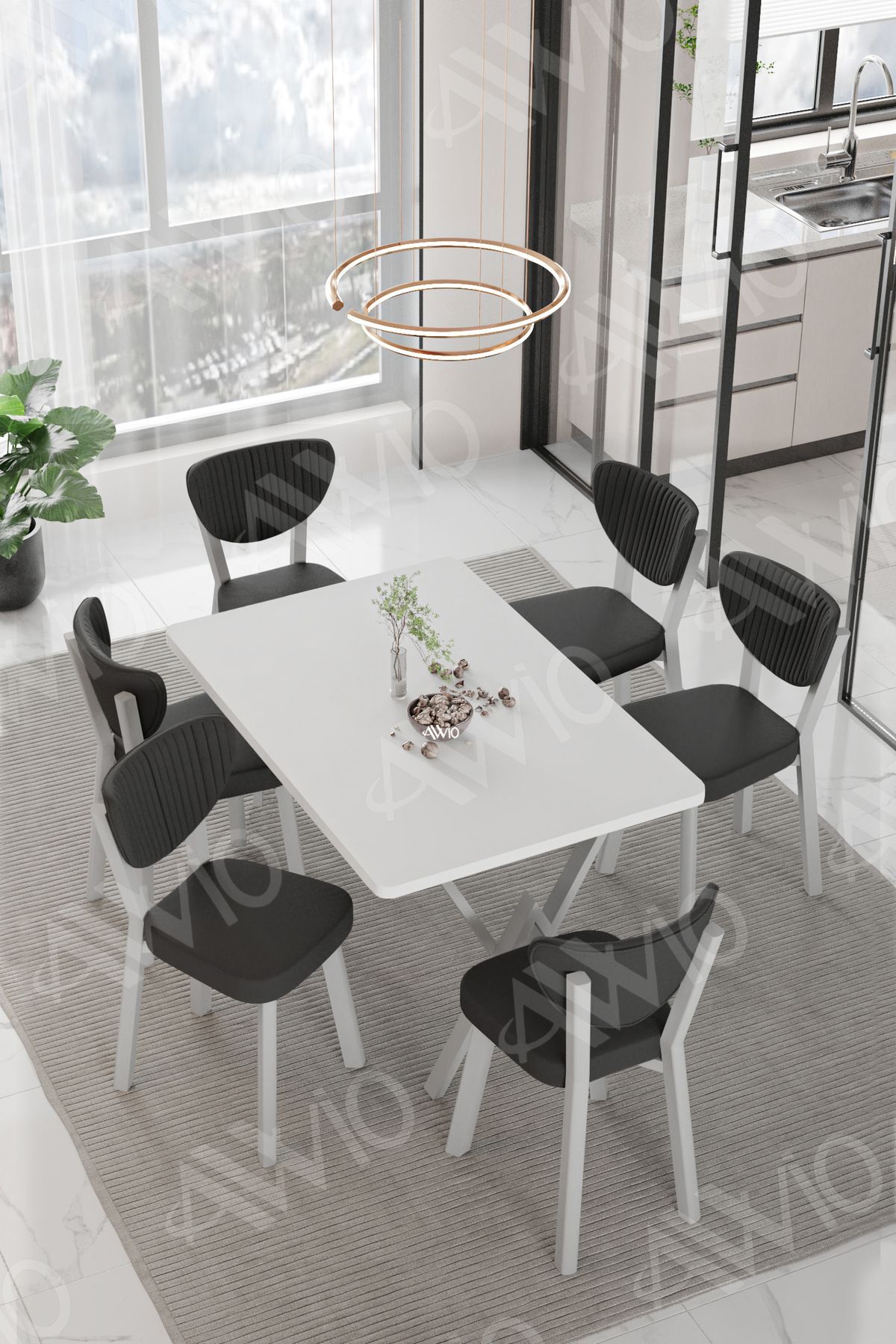 MONA ELMA Sandalye 80x140 Yemek Masası Mutfak Masası 6 Kişilik Masa Sandalye Takım Beyaz - 80X140