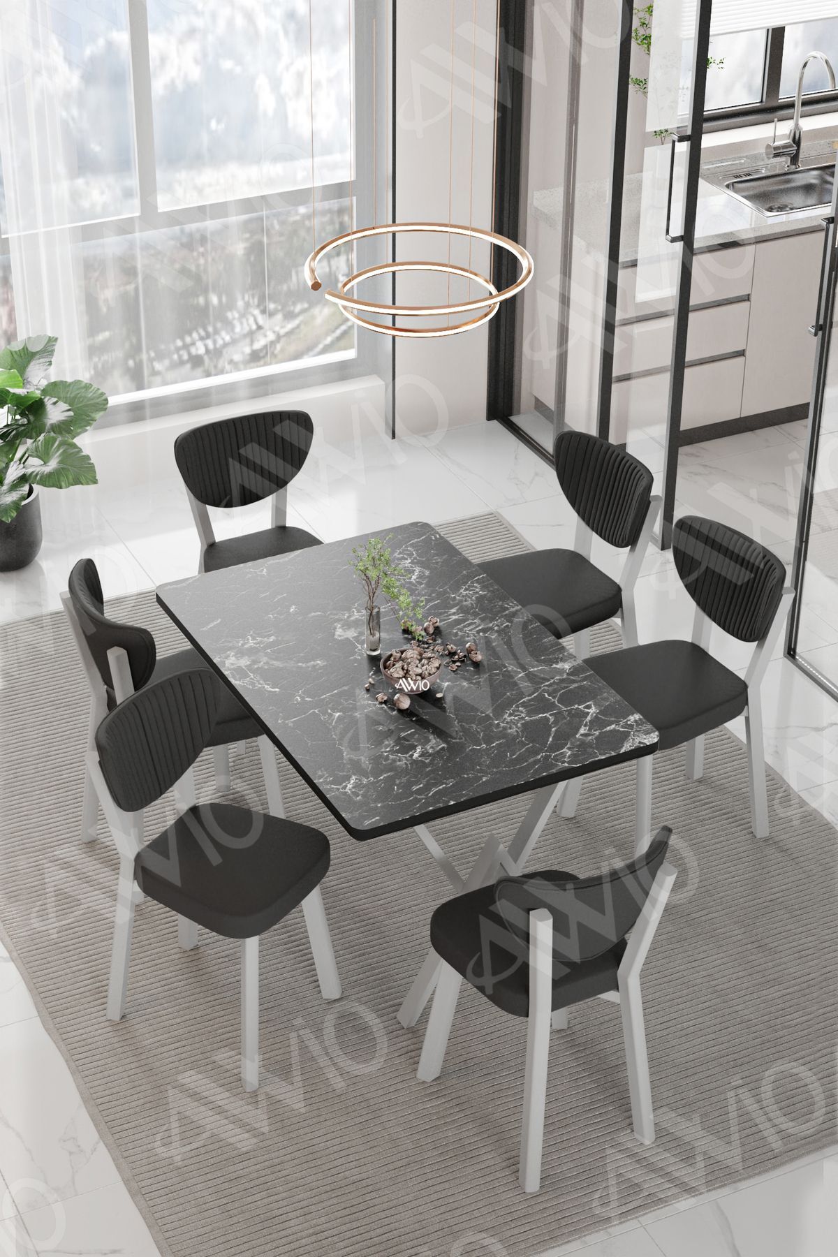 MONA ELMA Sandalye 80x140 Yemek Masası Mutfak Masası 6 Kişilik Masa Sandalye Takım SİYAH MERMER - 80X140