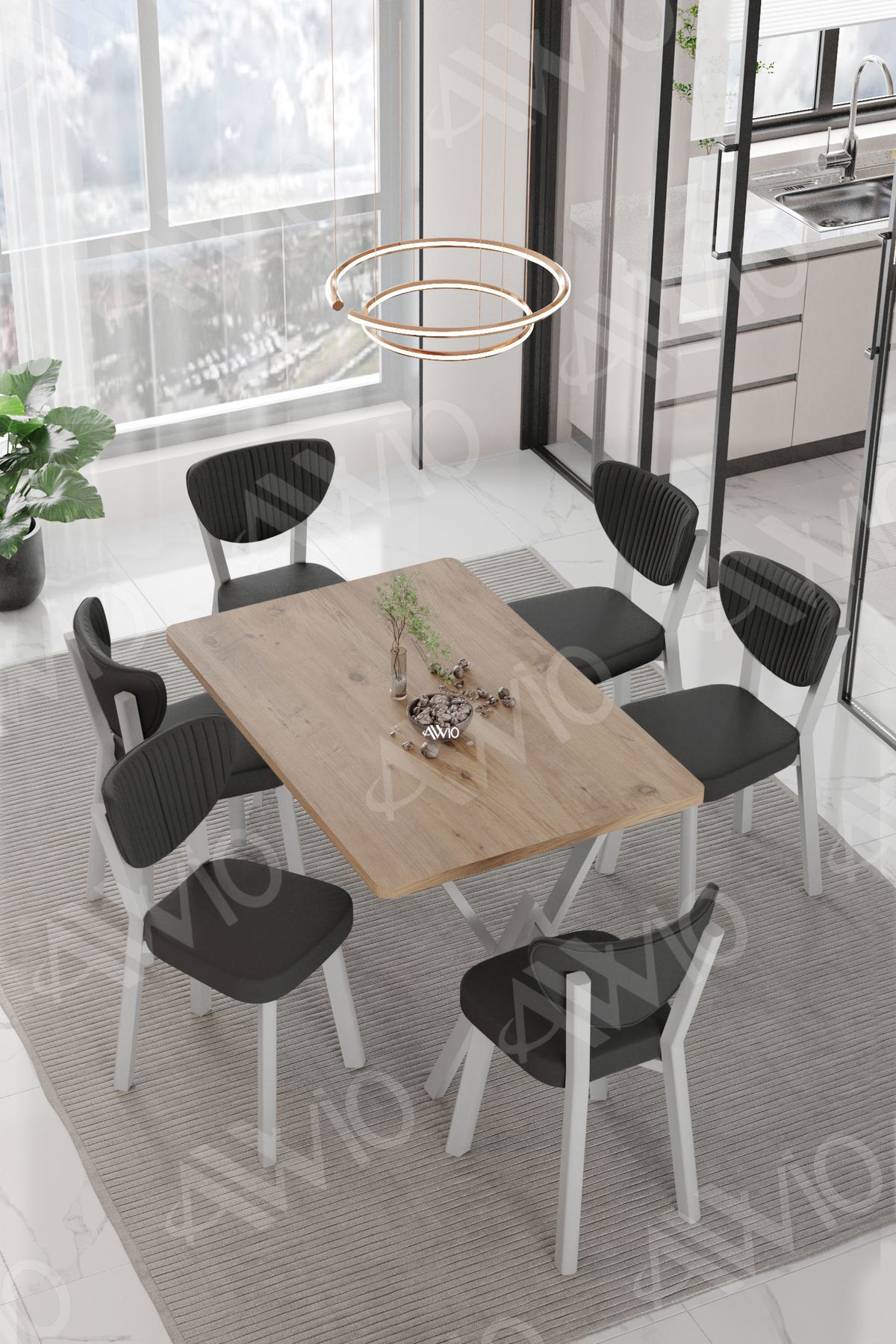 MONA ELMA Sandalye 80x140 Yemek Masası Mutfak Masası 6 Kişilik Masa Sandalye Takım AKÇA - 80X140