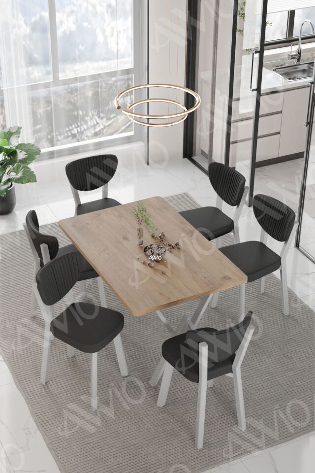 MONA ELMA Sandalye 80x140 Yemek Masası Mutfak Masası 6 Kişilik Masa Sandalye Takım AKÇA - 80X140