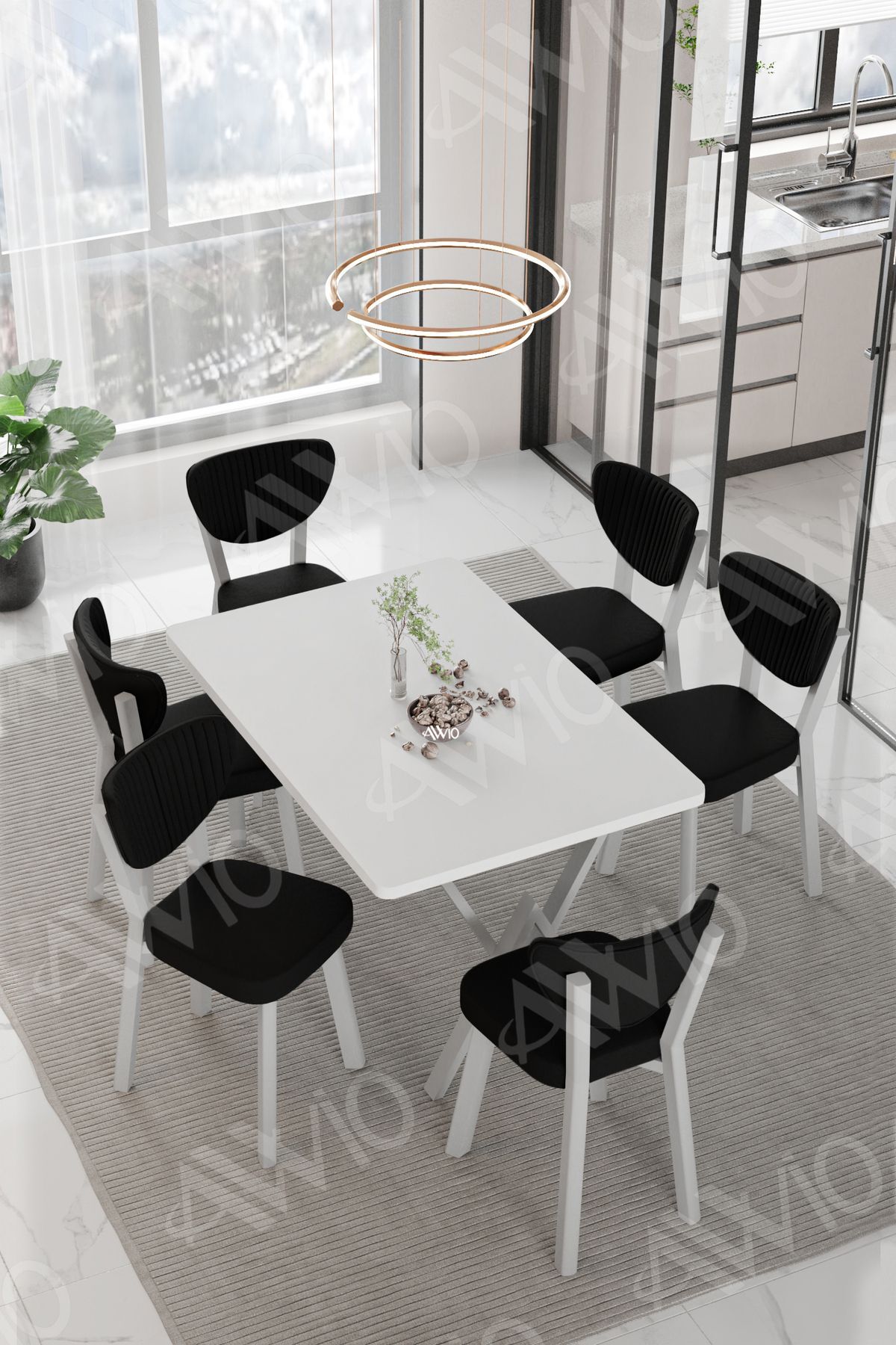 RİTA BEYAZ   ELMA Sandalye 80x140 Yemek Masası Mutfak Masası 6 Kişilik Masa Sandalye Takım BEYAZ - 80X140