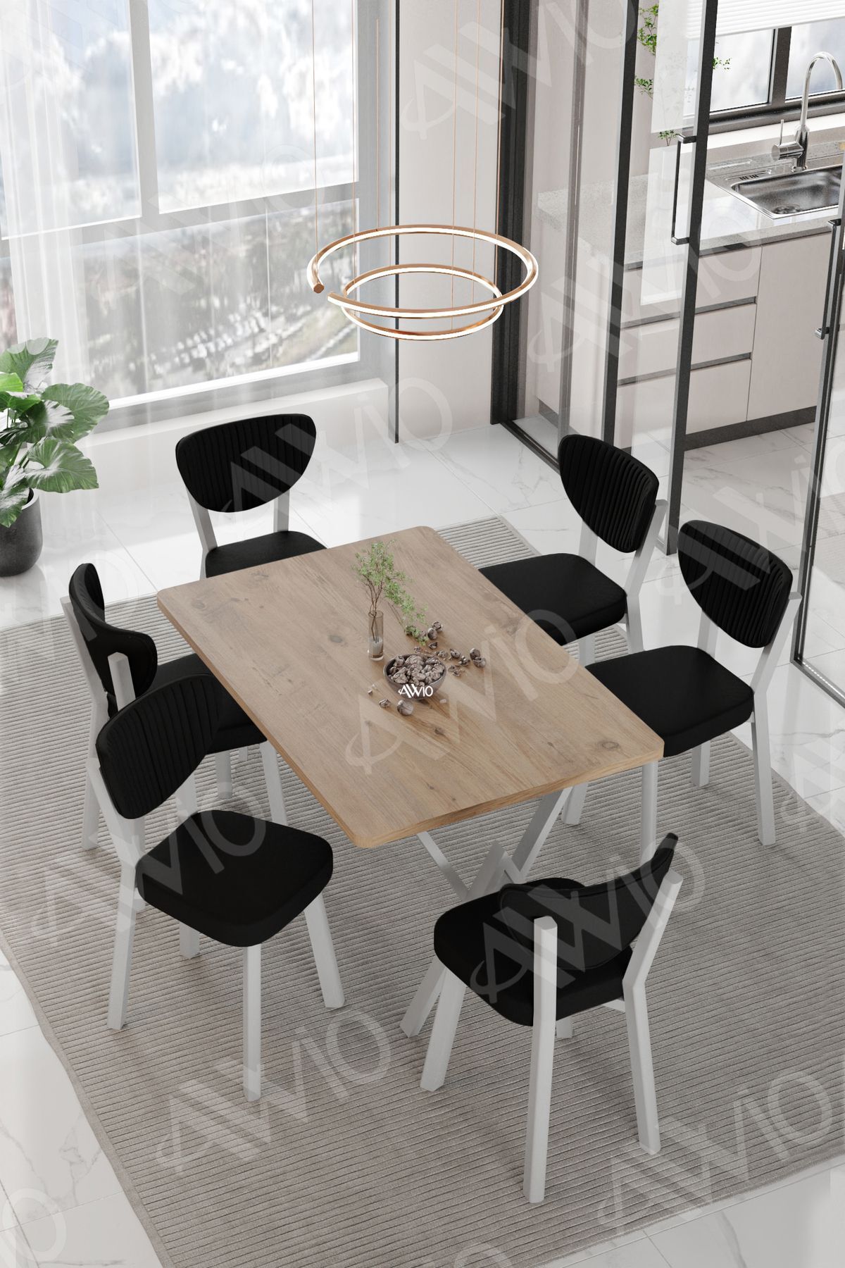 RİTA BEYAZ   ELMA Sandalye 80x140 Yemek Masası Mutfak Masası 6 Kişilik Masa Sandalye Takım Kahverengi - 80X140