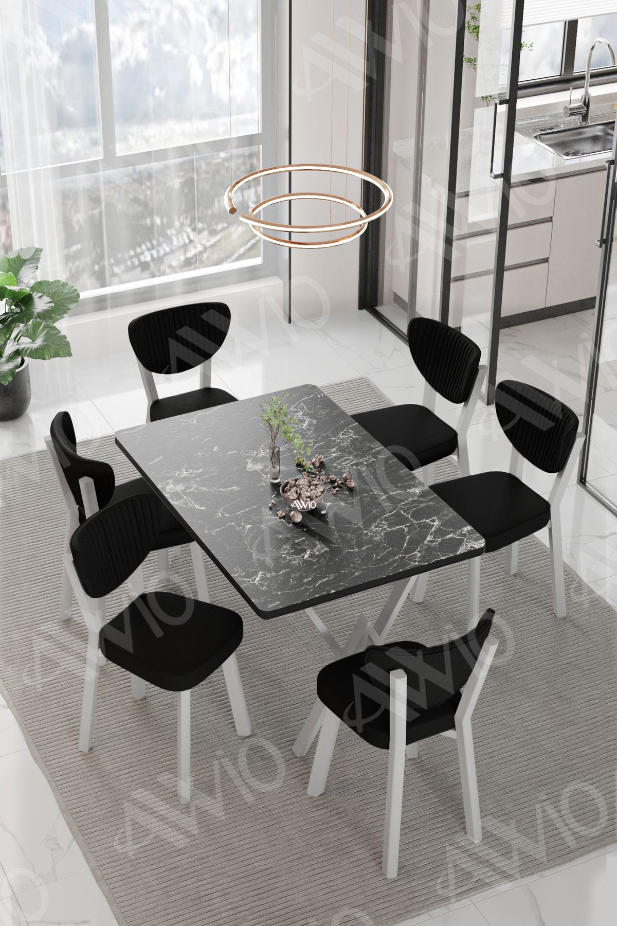 RİTA BEYAZ   ELMA Sandalye 80x140 Yemek Masası Mutfak Masası 6 Kişilik Masa Sandalye Takım SİYAH MERMER - 80X140