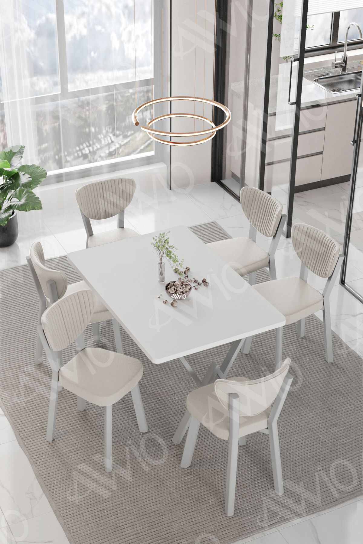 LİDYANA  ELMA Sandalye 80x140 Yemek Masası Mutfak Masası 6 Kişilik Masa Sandalye Takım BEYAZ - 80X140