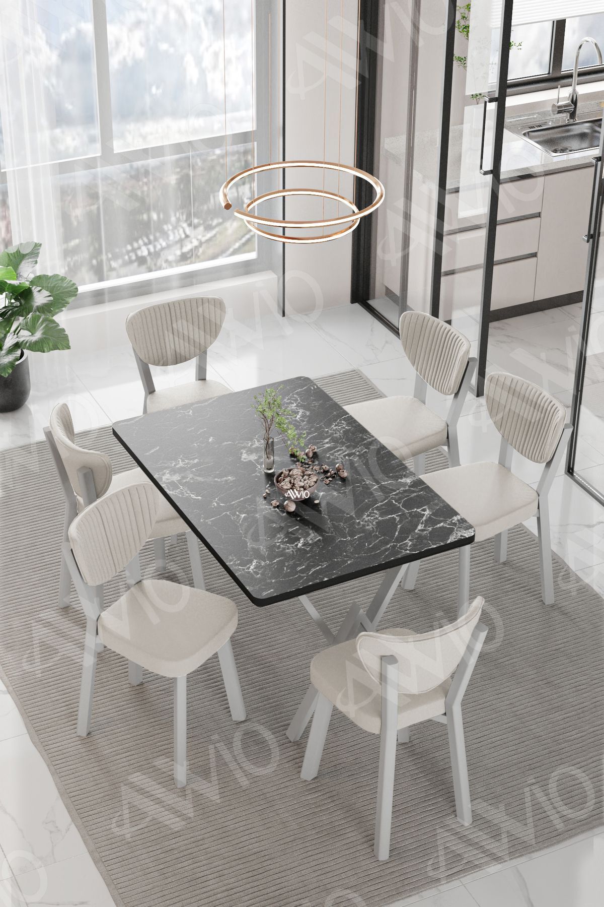 LİDYANA  ELMA Sandalye 80x140 Yemek Masası Mutfak Masası 6 Kişilik Masa Sandalye Takım SİYAH MERMER - 80X140