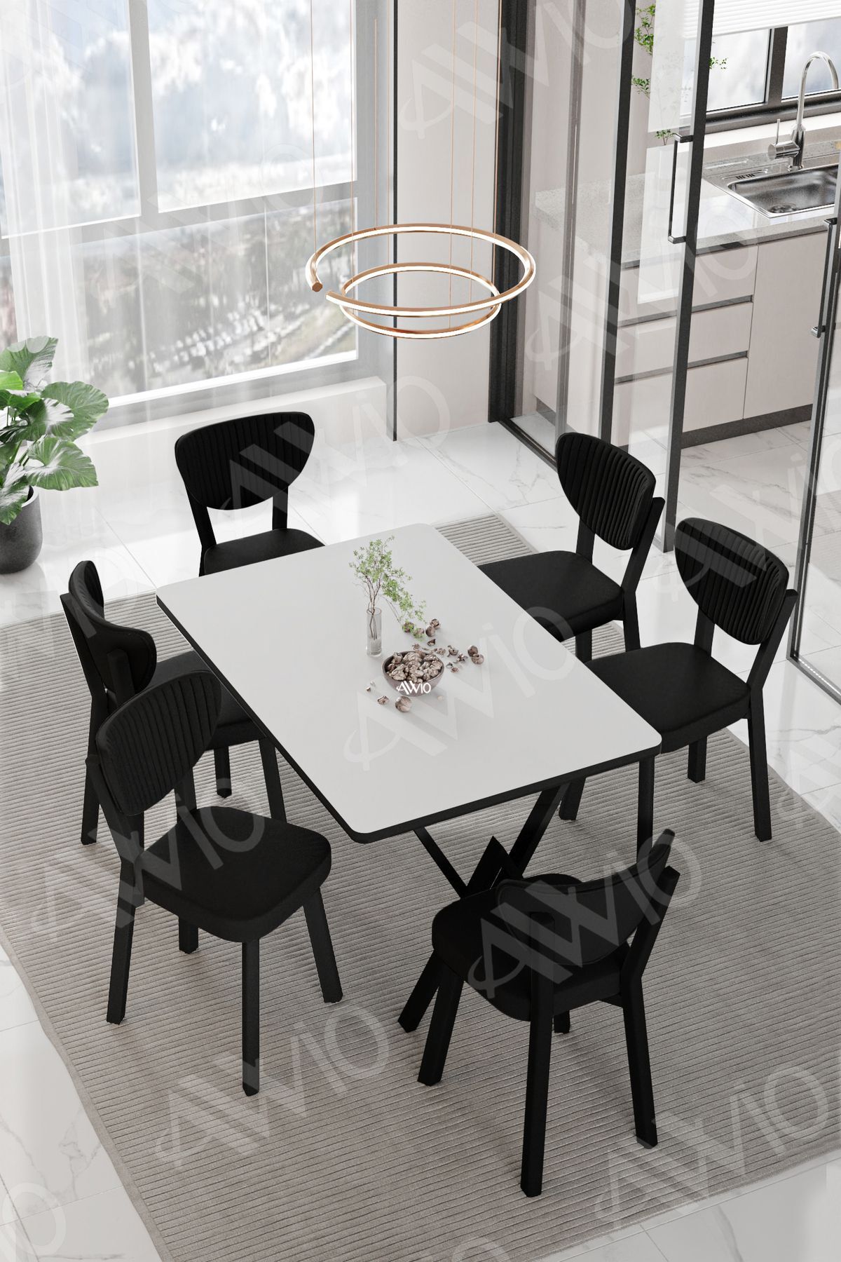 MİDA  ELMA Sandalye 80x140 Yemek Masası Mutfak Masası 6 Kişilik Masa Sandalye Takım BEYAZ - 80X140